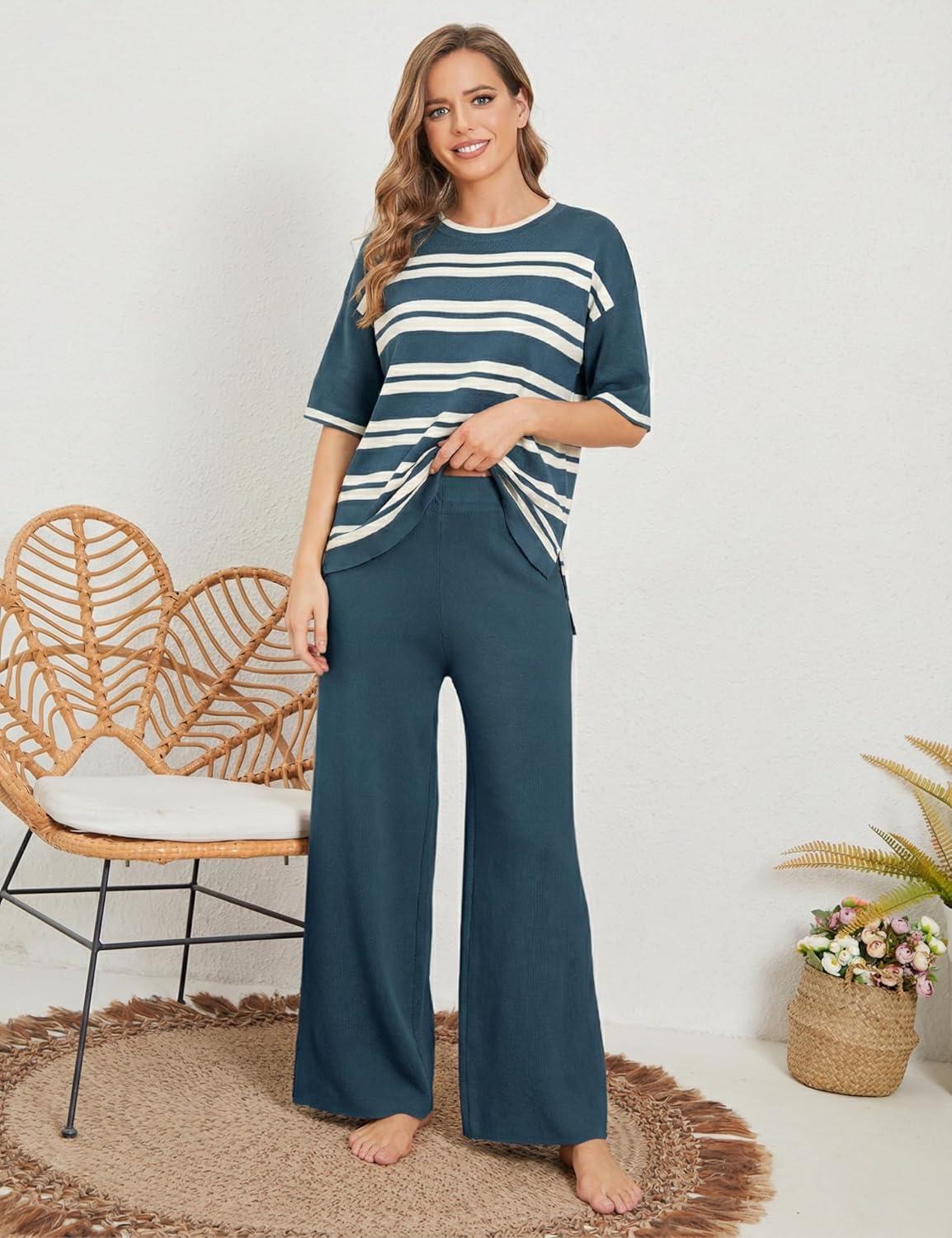 imageTanming Womens 2 Piece Knit Sets Travel Outfits Striped Short Sleeve Top Wide Leg Pants Lounge TracksuitsNavy