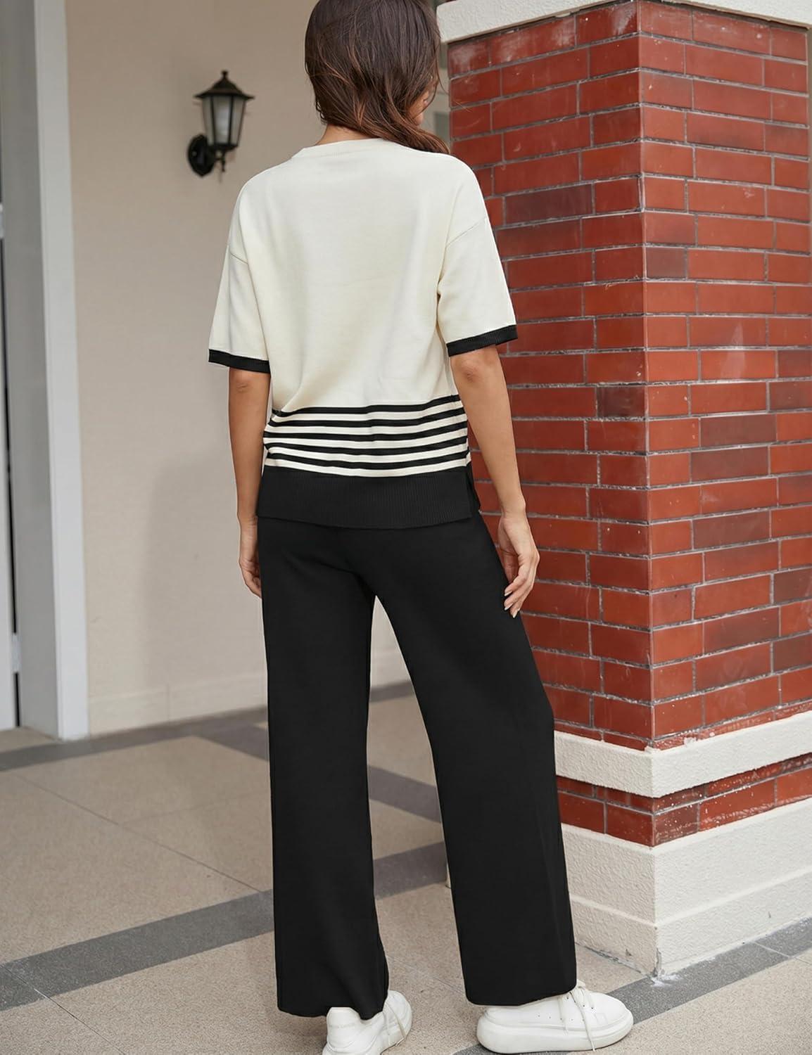 imageTanming Womens 2 Piece Lounge Set Striped Short Sleeve Top Wide Leg Pants Knit Sets Loose Fit Travel OutfitsBlack