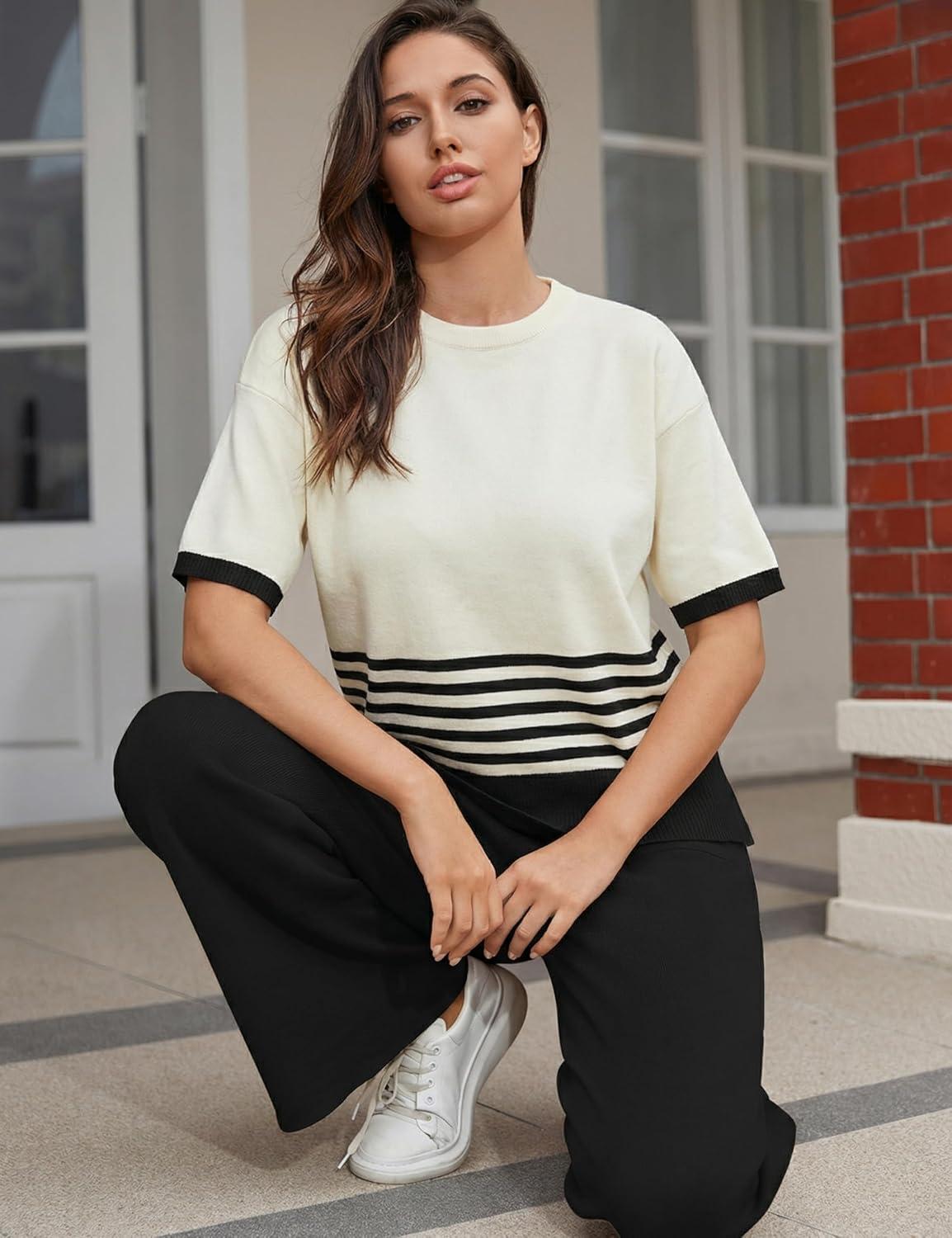 imageTanming Womens 2 Piece Lounge Set Striped Short Sleeve Top Wide Leg Pants Knit Sets Loose Fit Travel OutfitsBlack