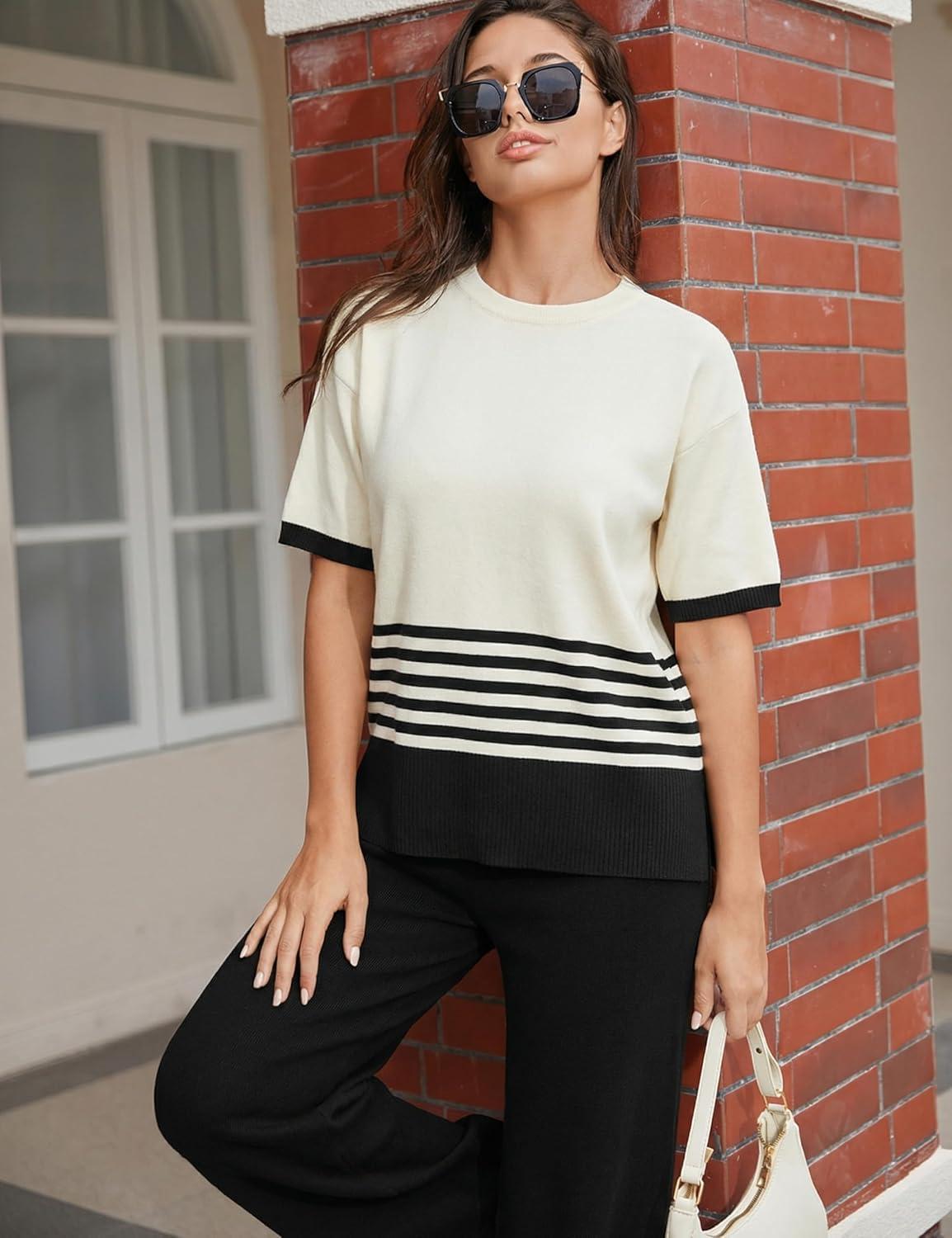 imageTanming Womens 2 Piece Lounge Set Striped Short Sleeve Top Wide Leg Pants Knit Sets Loose Fit Travel OutfitsBlack