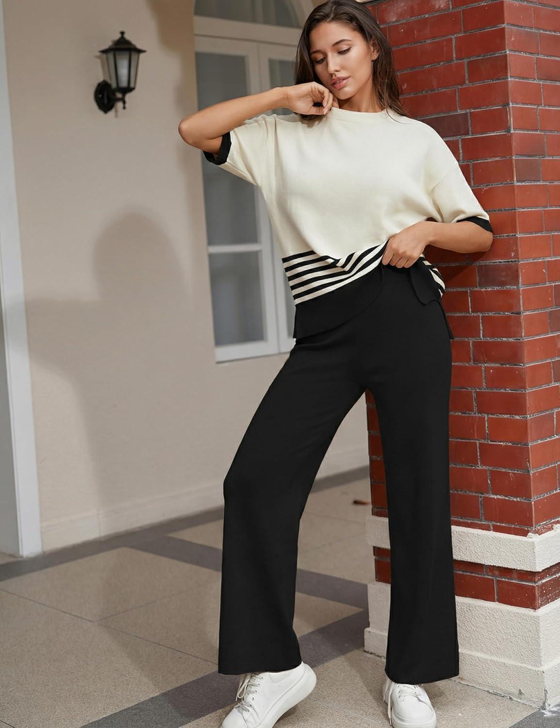 imageTanming Womens 2 Piece Lounge Set Striped Short Sleeve Top Wide Leg Pants Knit Sets Loose Fit Travel OutfitsBlack