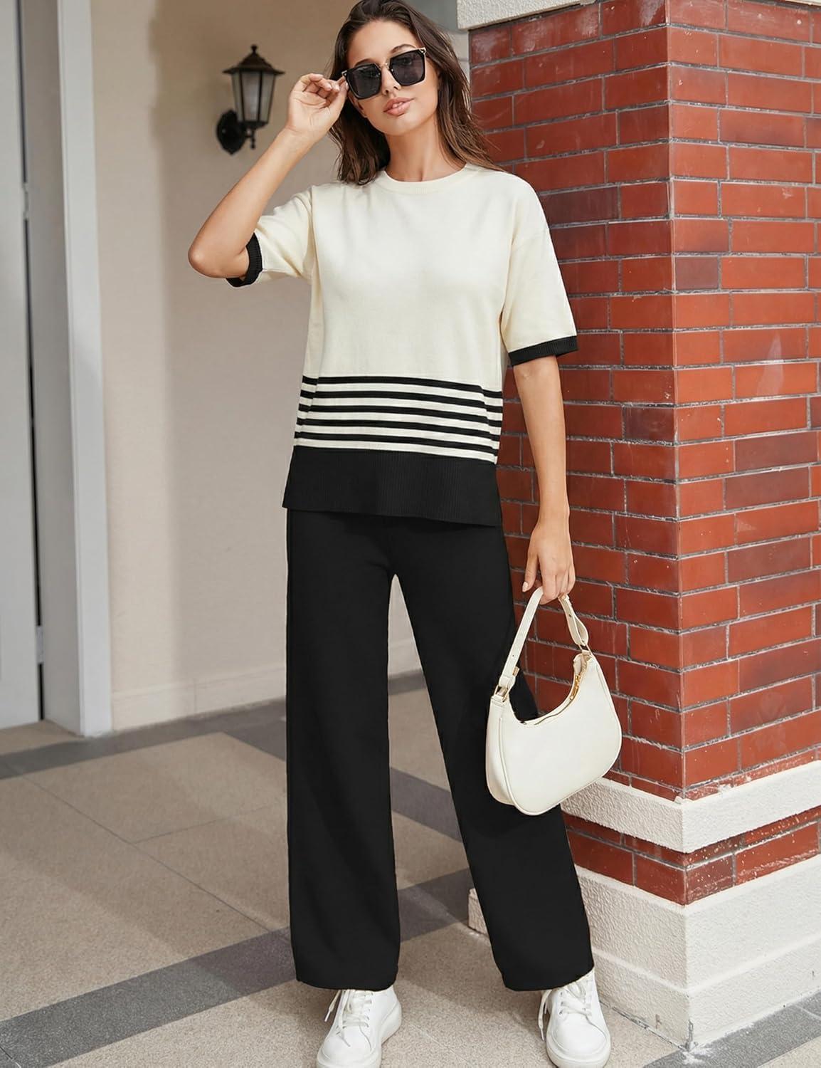 imageTanming Womens 2 Piece Lounge Set Striped Short Sleeve Top Wide Leg Pants Knit Sets Loose Fit Travel OutfitsBlack