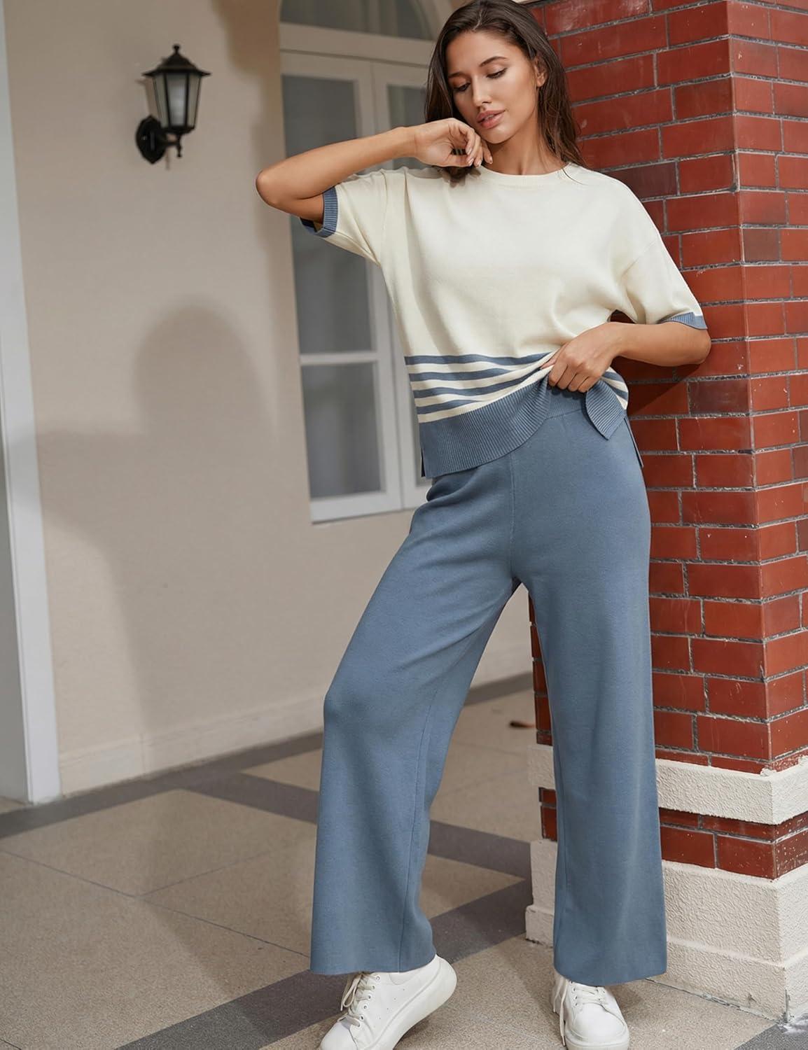 imageTanming Womens 2 Piece Lounge Set Striped Short Sleeve Top Wide Leg Pants Knit Sets Loose Fit Travel OutfitsBlue