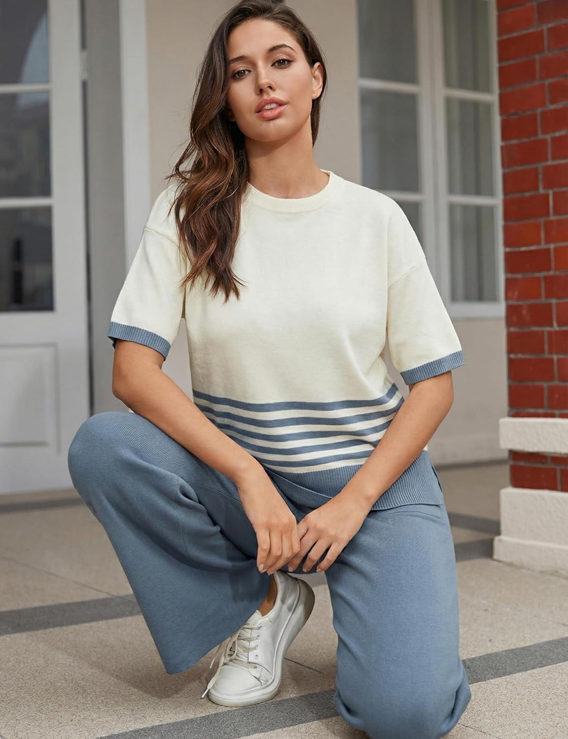 imageTanming Womens 2 Piece Lounge Set Striped Short Sleeve Top Wide Leg Pants Knit Sets Loose Fit Travel OutfitsBlue