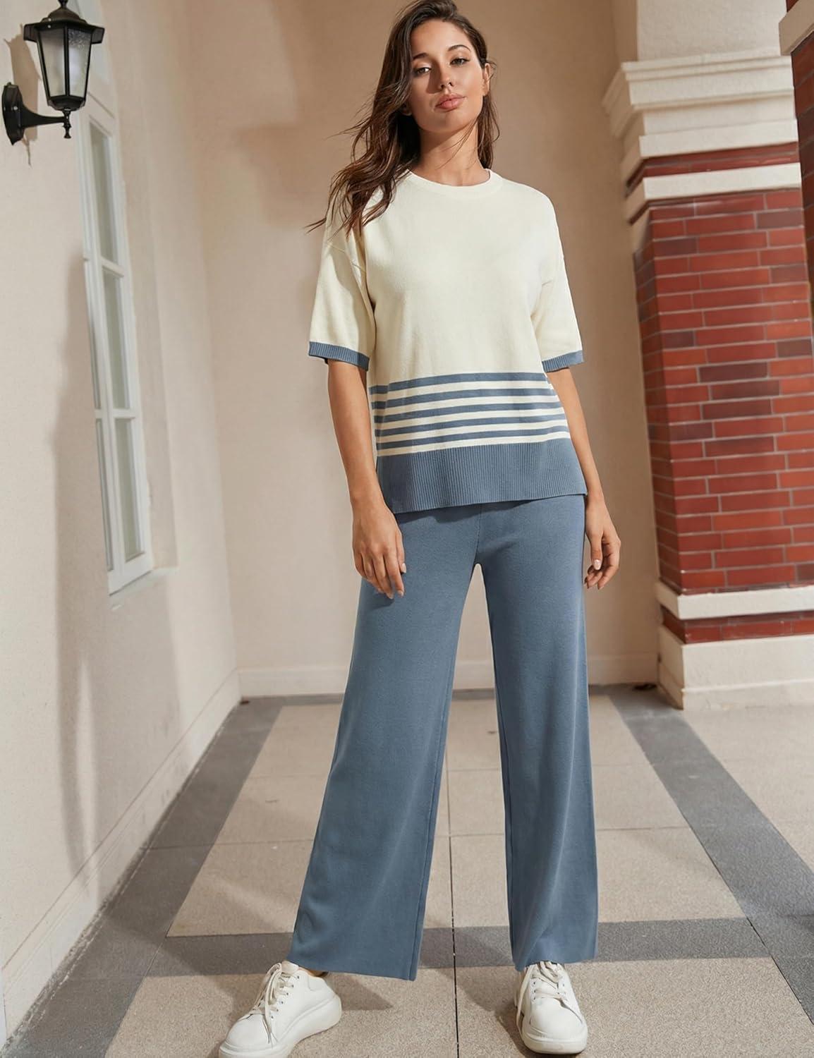 imageTanming Womens 2 Piece Lounge Set Striped Short Sleeve Top Wide Leg Pants Knit Sets Loose Fit Travel OutfitsBlue