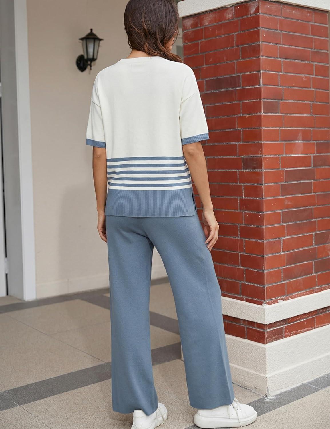 imageTanming Womens 2 Piece Lounge Set Striped Short Sleeve Top Wide Leg Pants Knit Sets Loose Fit Travel OutfitsBlue