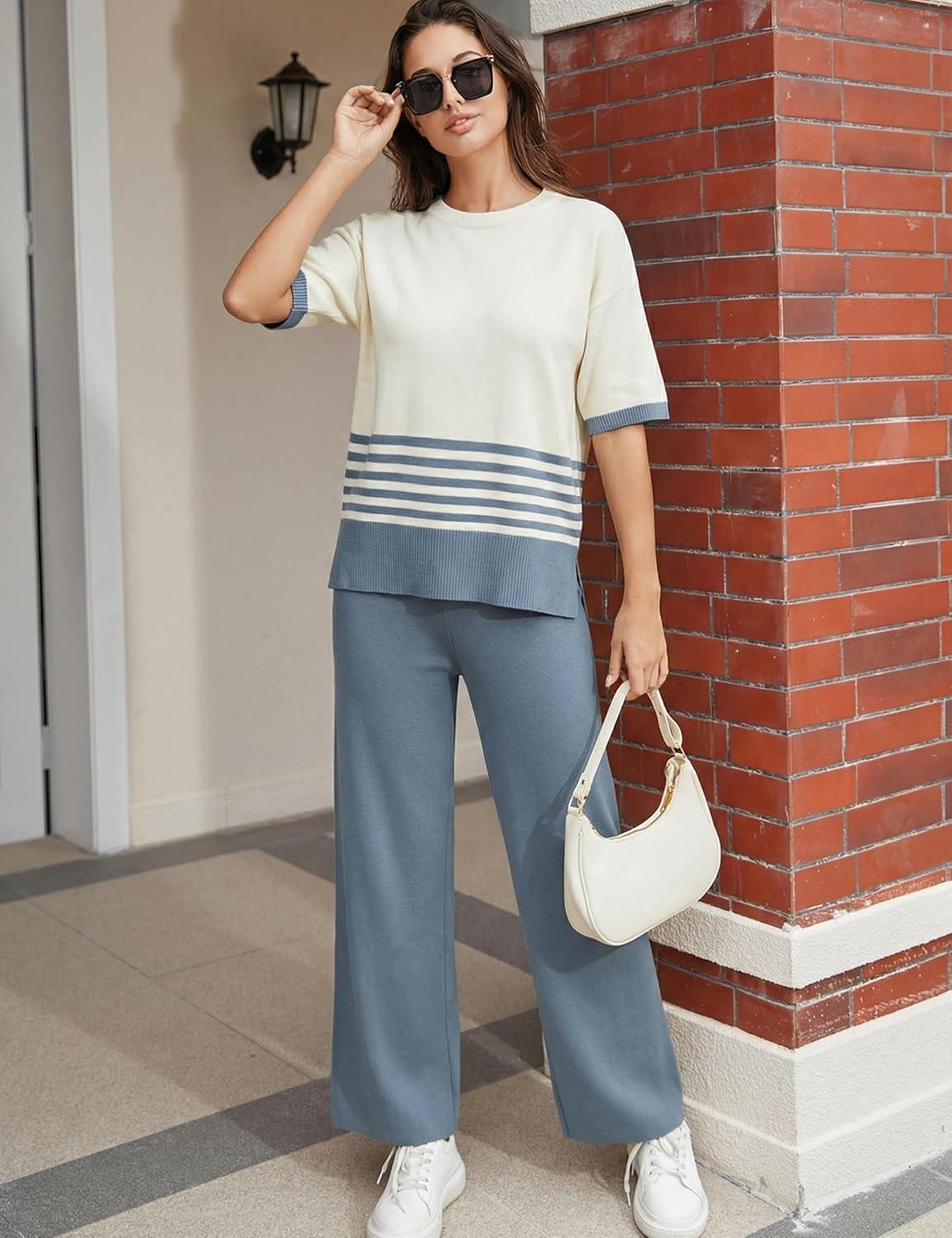 imageTanming Womens 2 Piece Lounge Set Striped Short Sleeve Top Wide Leg Pants Knit Sets Loose Fit Travel OutfitsBlue