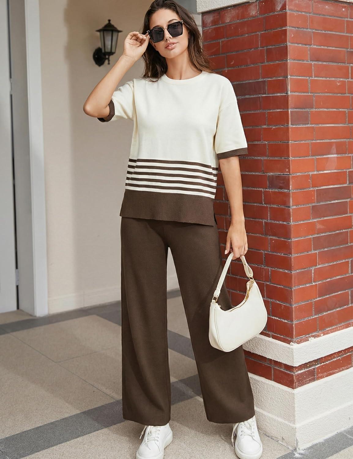 imageTanming Womens 2 Piece Lounge Set Striped Short Sleeve Top Wide Leg Pants Knit Sets Loose Fit Travel OutfitsCoffee