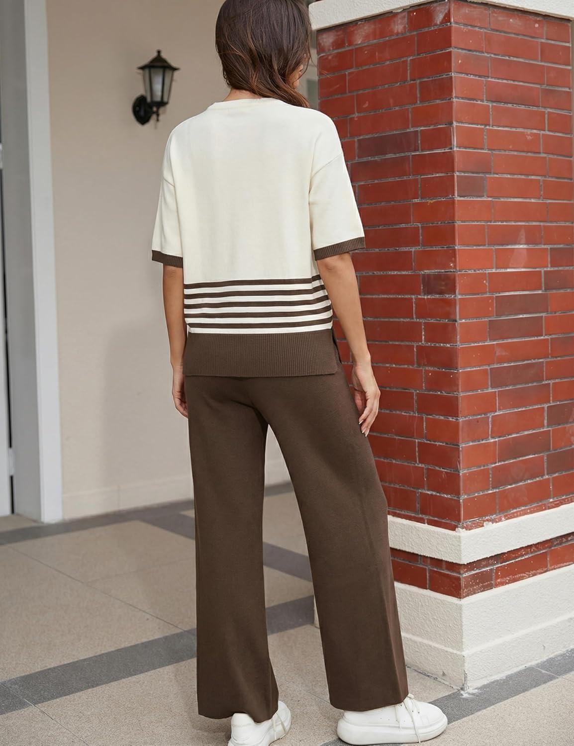 imageTanming Womens 2 Piece Lounge Set Striped Short Sleeve Top Wide Leg Pants Knit Sets Loose Fit Travel OutfitsCoffee