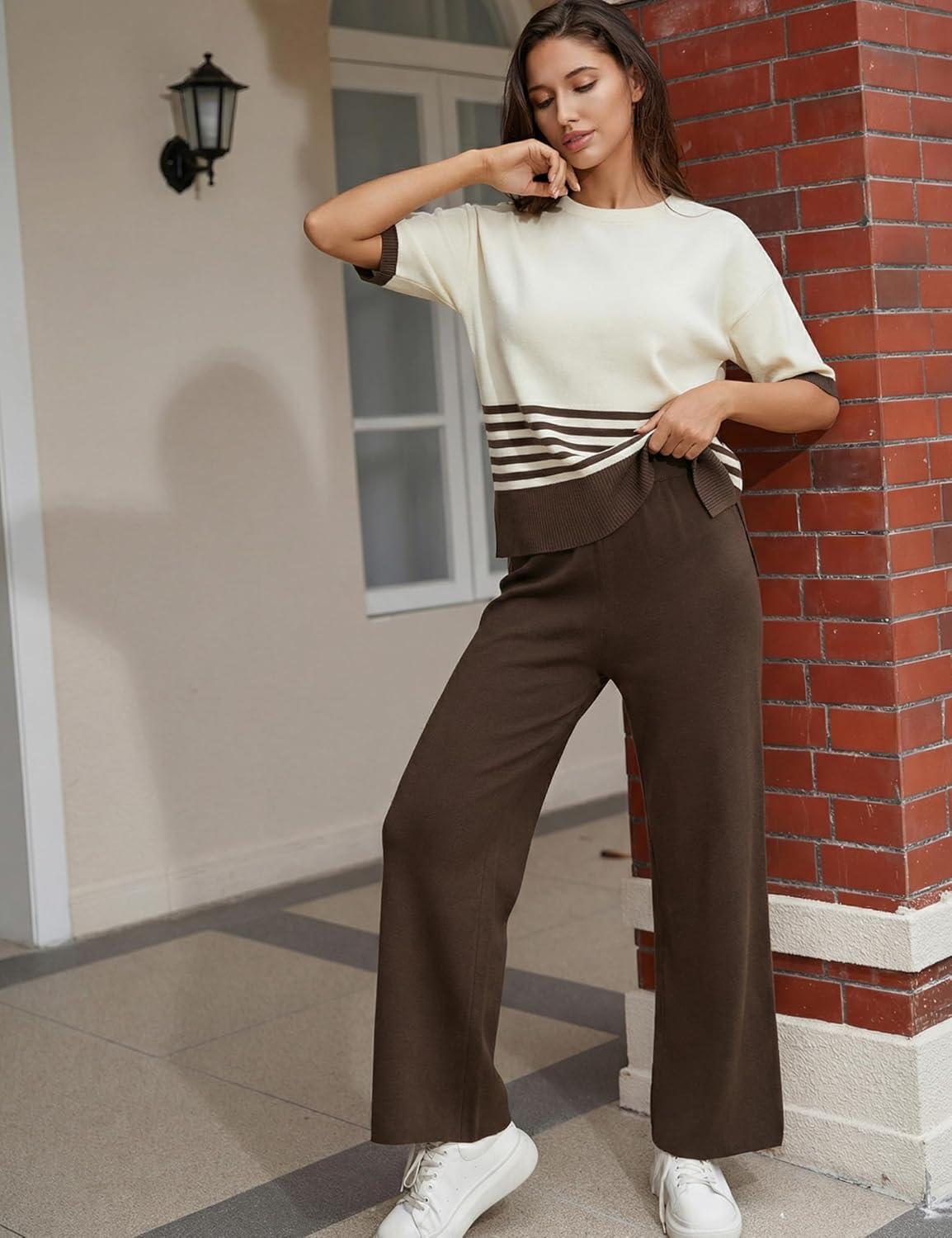 imageTanming Womens 2 Piece Lounge Set Striped Short Sleeve Top Wide Leg Pants Knit Sets Loose Fit Travel OutfitsCoffee