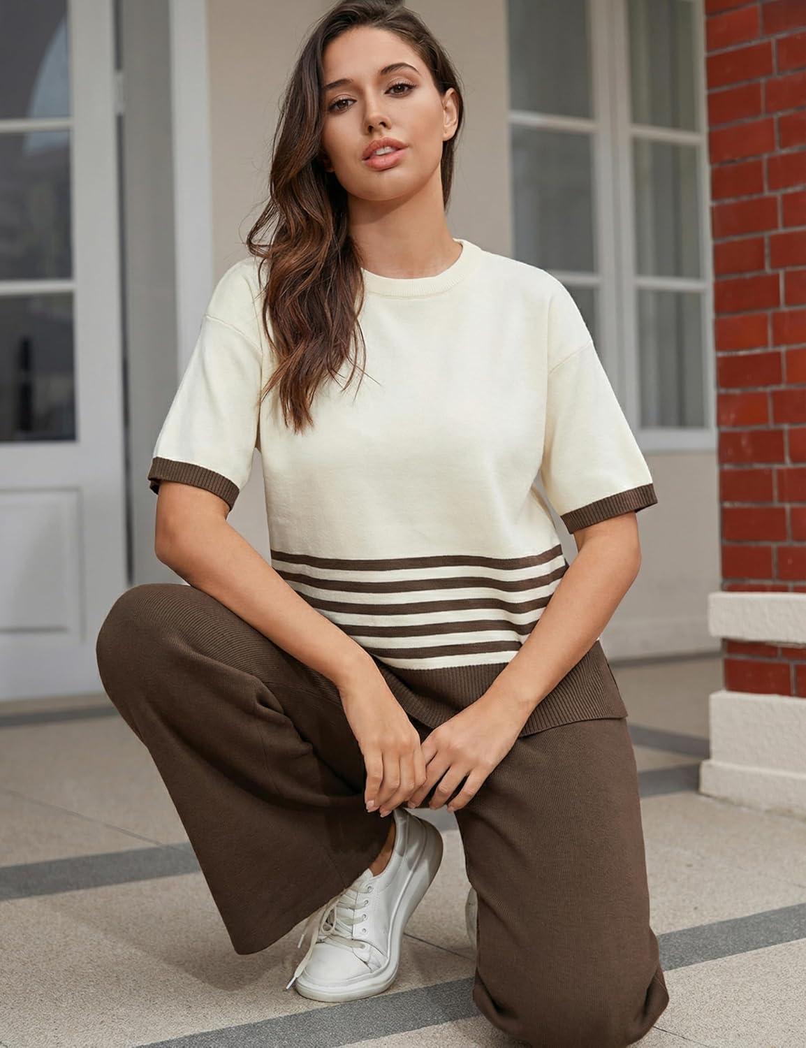 imageTanming Womens 2 Piece Lounge Set Striped Short Sleeve Top Wide Leg Pants Knit Sets Loose Fit Travel OutfitsCoffee