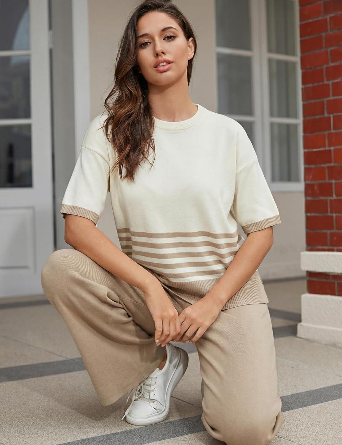 imageTanming Womens 2 Piece Lounge Set Striped Short Sleeve Top Wide Leg Pants Knit Sets Loose Fit Travel OutfitsKhaki