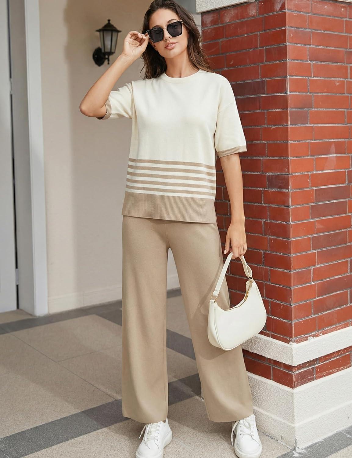 imageTanming Womens 2 Piece Lounge Set Striped Short Sleeve Top Wide Leg Pants Knit Sets Loose Fit Travel OutfitsKhaki
