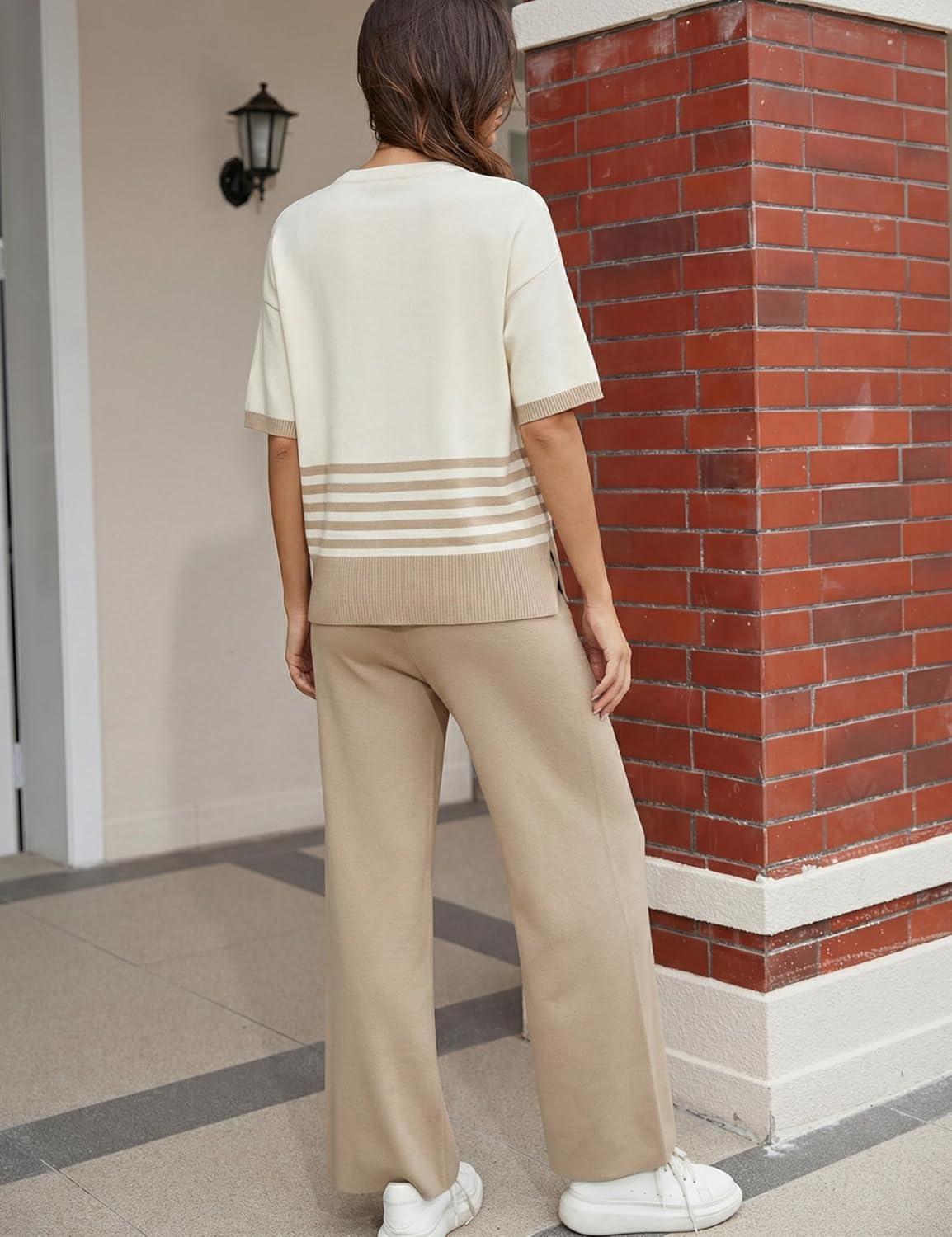 imageTanming Womens 2 Piece Lounge Set Striped Short Sleeve Top Wide Leg Pants Knit Sets Loose Fit Travel OutfitsKhaki