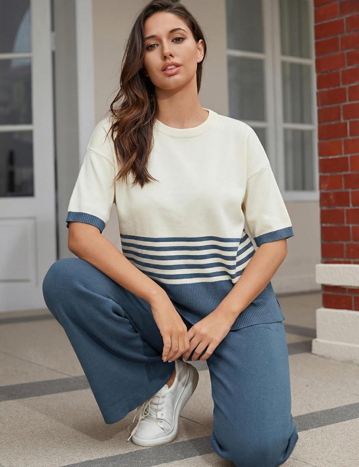 imageTanming Womens 2 Piece Lounge Set Striped Short Sleeve Top Wide Leg Pants Knit Sets Loose Fit Travel OutfitsNavy