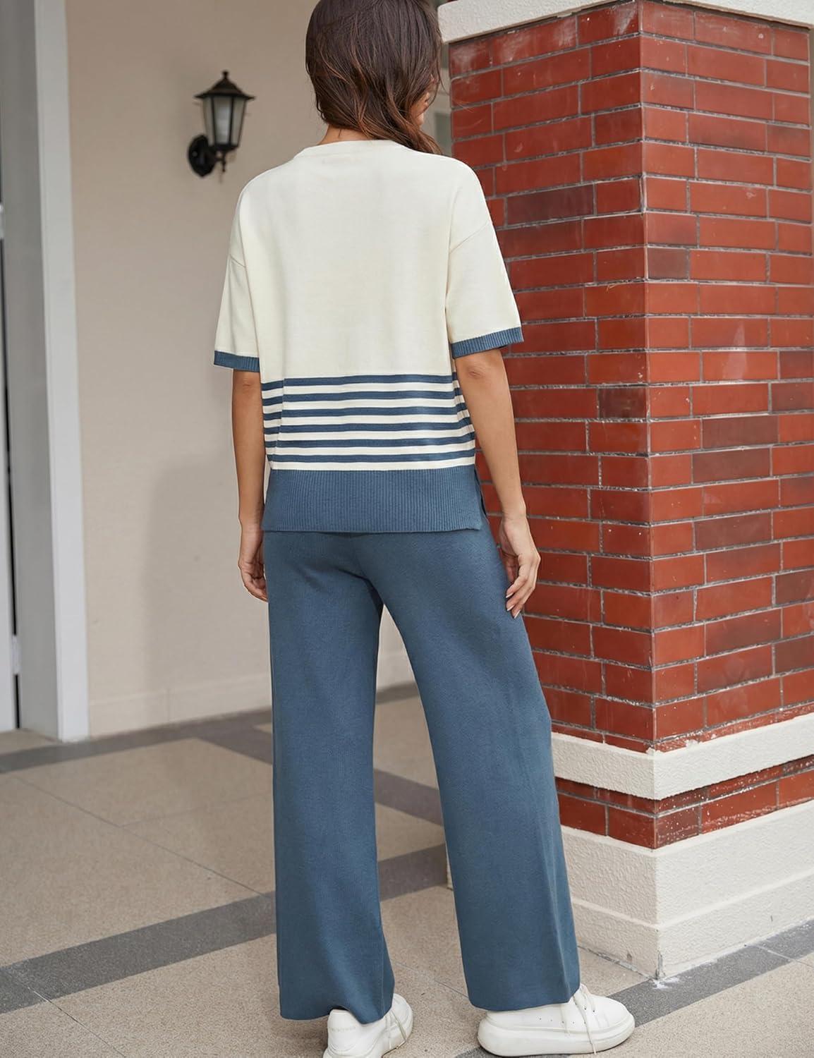 imageTanming Womens 2 Piece Lounge Set Striped Short Sleeve Top Wide Leg Pants Knit Sets Loose Fit Travel OutfitsNavy