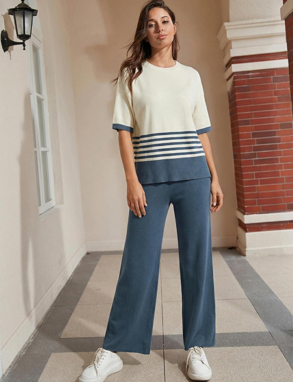 imageTanming Womens 2 Piece Lounge Set Striped Short Sleeve Top Wide Leg Pants Knit Sets Loose Fit Travel OutfitsNavy