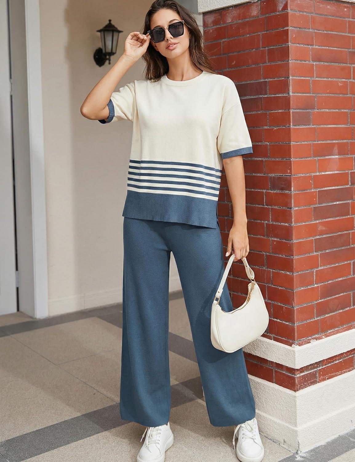 imageTanming Womens 2 Piece Lounge Set Striped Short Sleeve Top Wide Leg Pants Knit Sets Loose Fit Travel OutfitsNavy