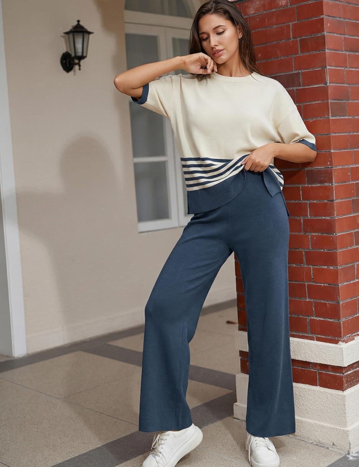 imageTanming Womens 2 Piece Lounge Set Striped Short Sleeve Top Wide Leg Pants Knit Sets Loose Fit Travel OutfitsNavy