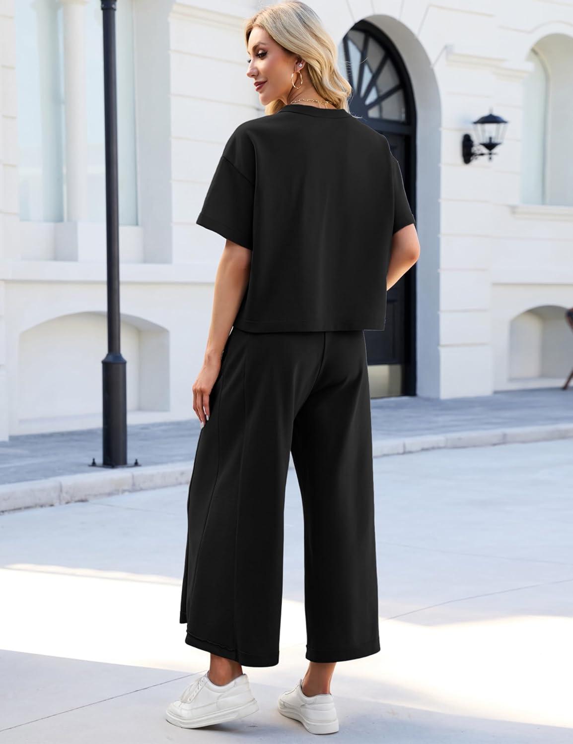 imageTanming Womens 2 Piece Outfits Short Sleeve Top Wide Leg Pants Travel Vacation Lounge Set TracksuitsBlack