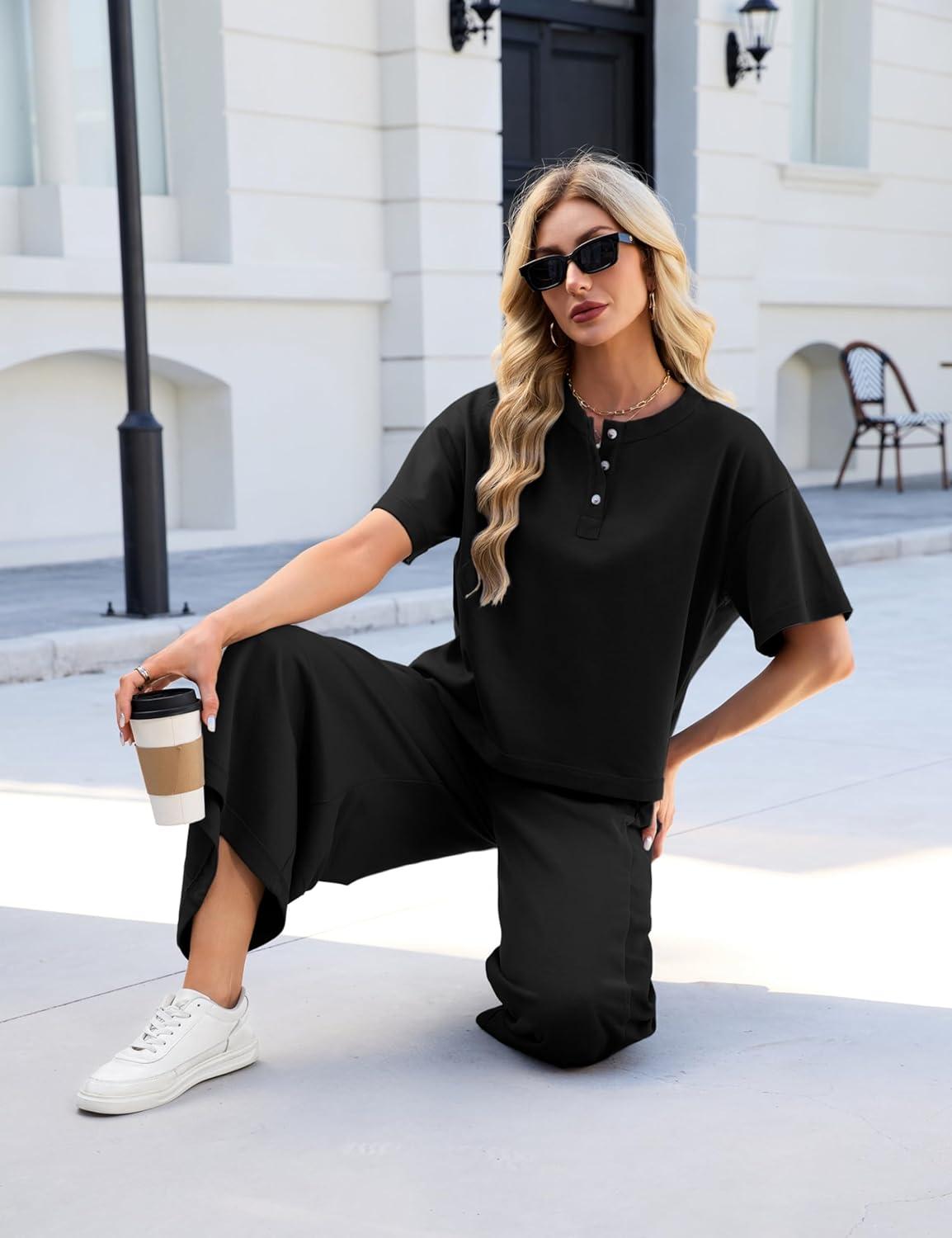 imageTanming Womens 2 Piece Outfits Short Sleeve Top Wide Leg Pants Travel Vacation Lounge Set TracksuitsBlack