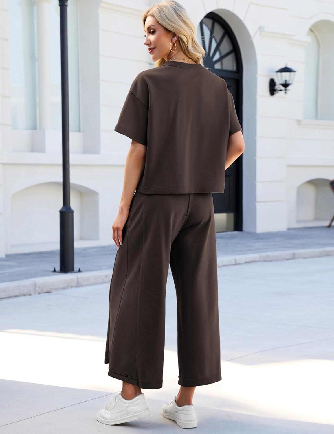 imageTanming Womens 2 Piece Outfits Short Sleeve Top Wide Leg Pants Travel Vacation Lounge Set TracksuitsCoffee
