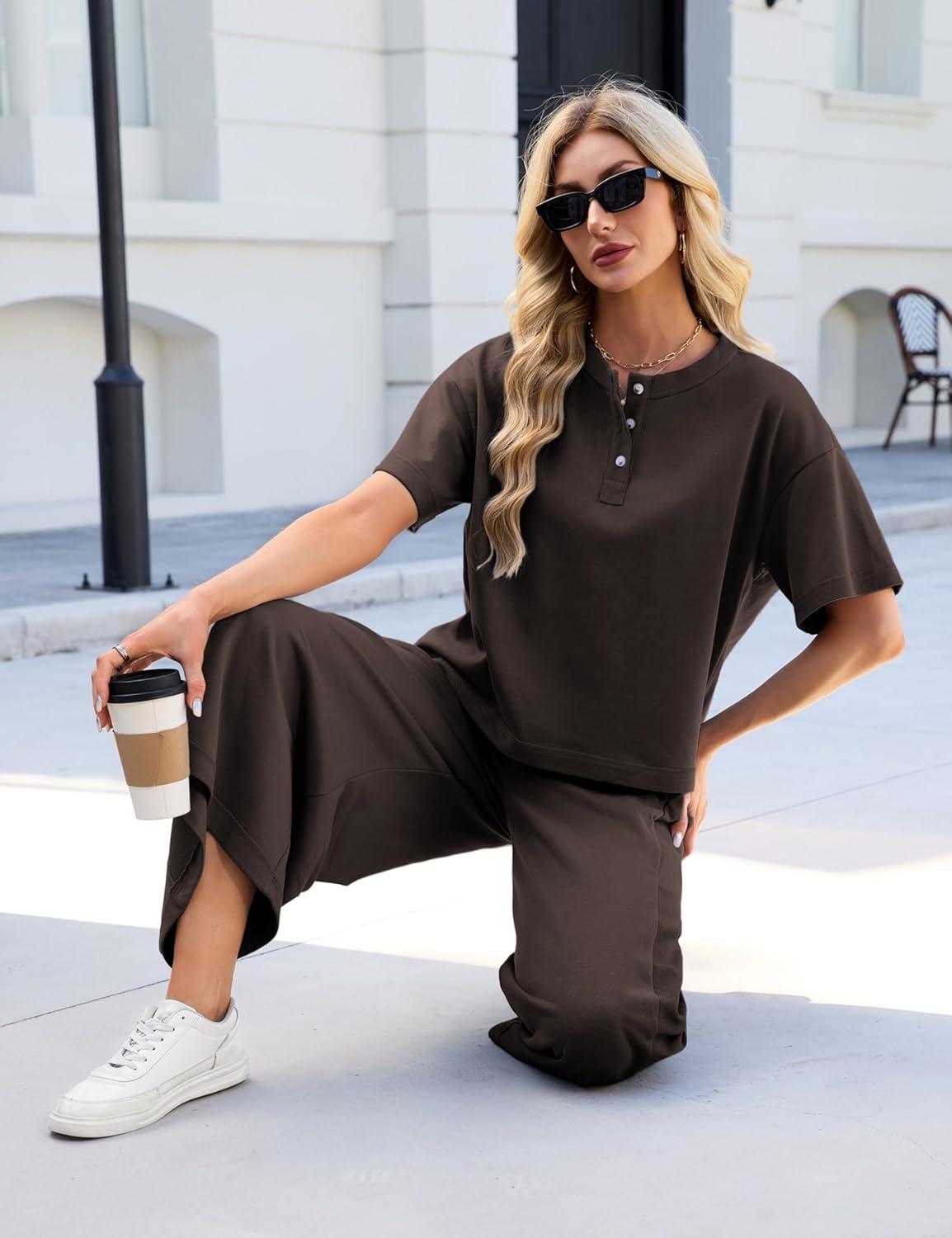 imageTanming Womens 2 Piece Outfits Short Sleeve Top Wide Leg Pants Travel Vacation Lounge Set TracksuitsCoffee