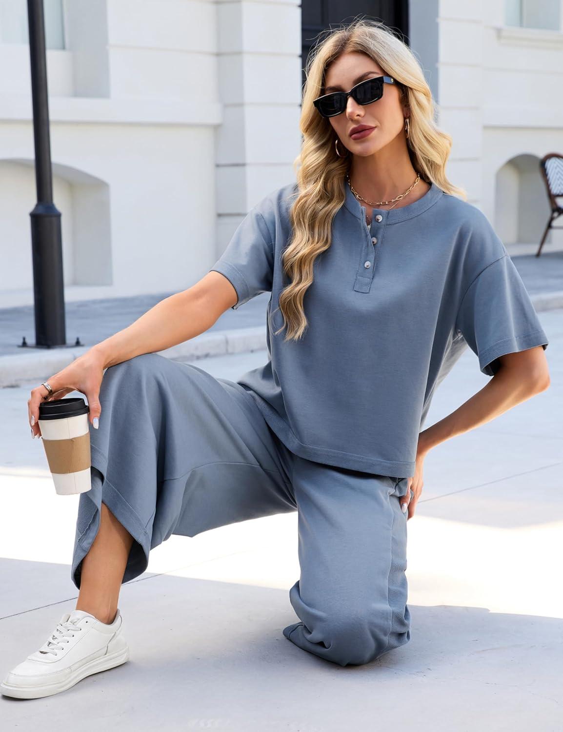 imageTanming Womens 2 Piece Outfits Short Sleeve Top Wide Leg Pants Travel Vacation Lounge Set TracksuitsGrey Blue