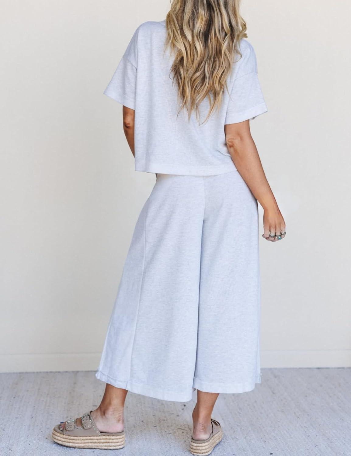 imageTanming Womens 2 Piece Outfits Short Sleeve Top Wide Leg Pants Travel Vacation Lounge Set TracksuitsLight Grey