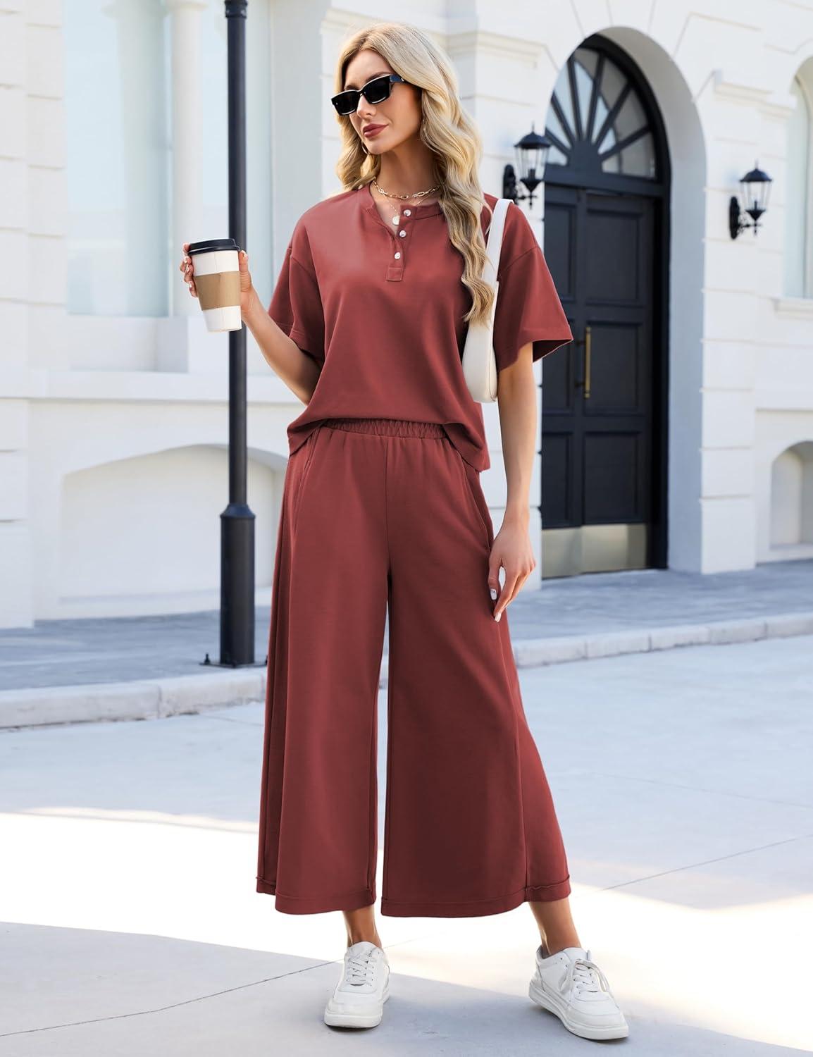 imageTanming Womens 2 Piece Outfits Short Sleeve Top Wide Leg Pants Travel Vacation Lounge Set TracksuitsRust