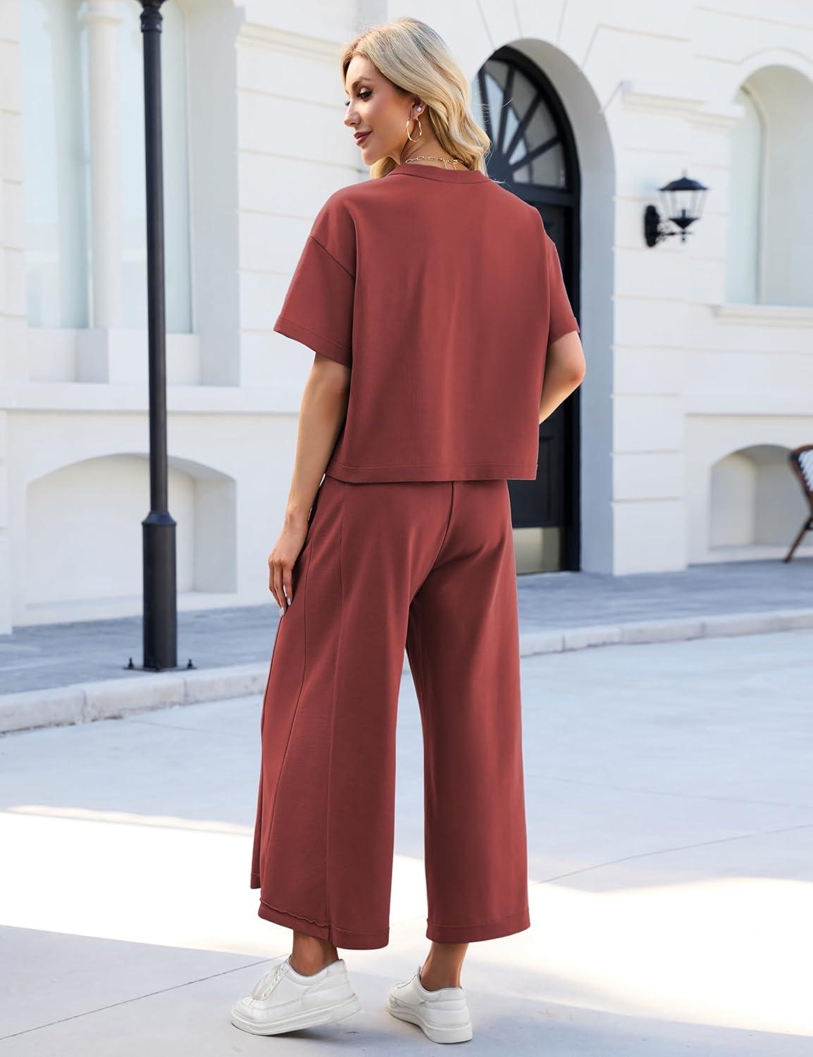 imageTanming Womens 2 Piece Outfits Short Sleeve Top Wide Leg Pants Travel Vacation Lounge Set TracksuitsRust