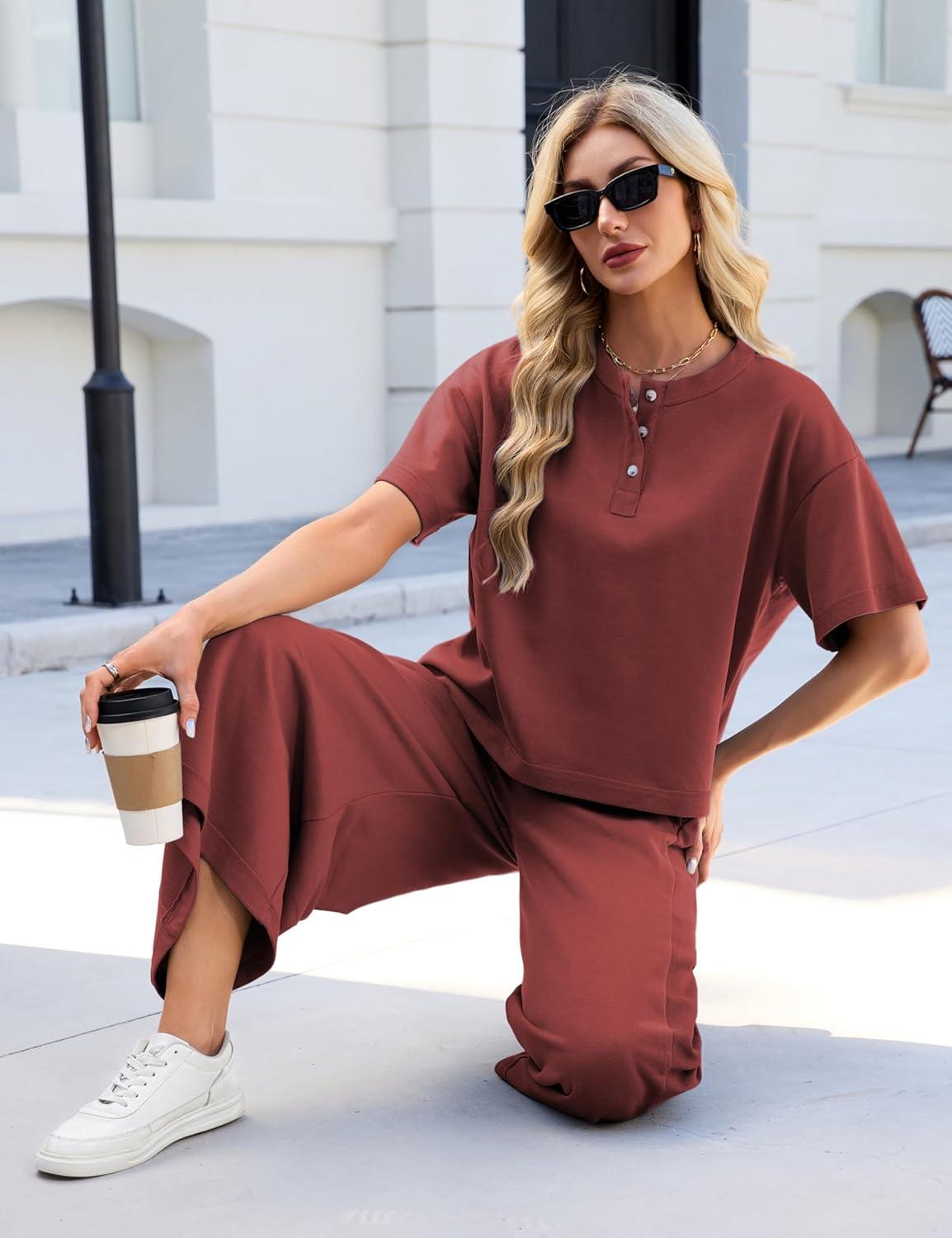 imageTanming Womens 2 Piece Outfits Short Sleeve Top Wide Leg Pants Travel Vacation Lounge Set TracksuitsRust