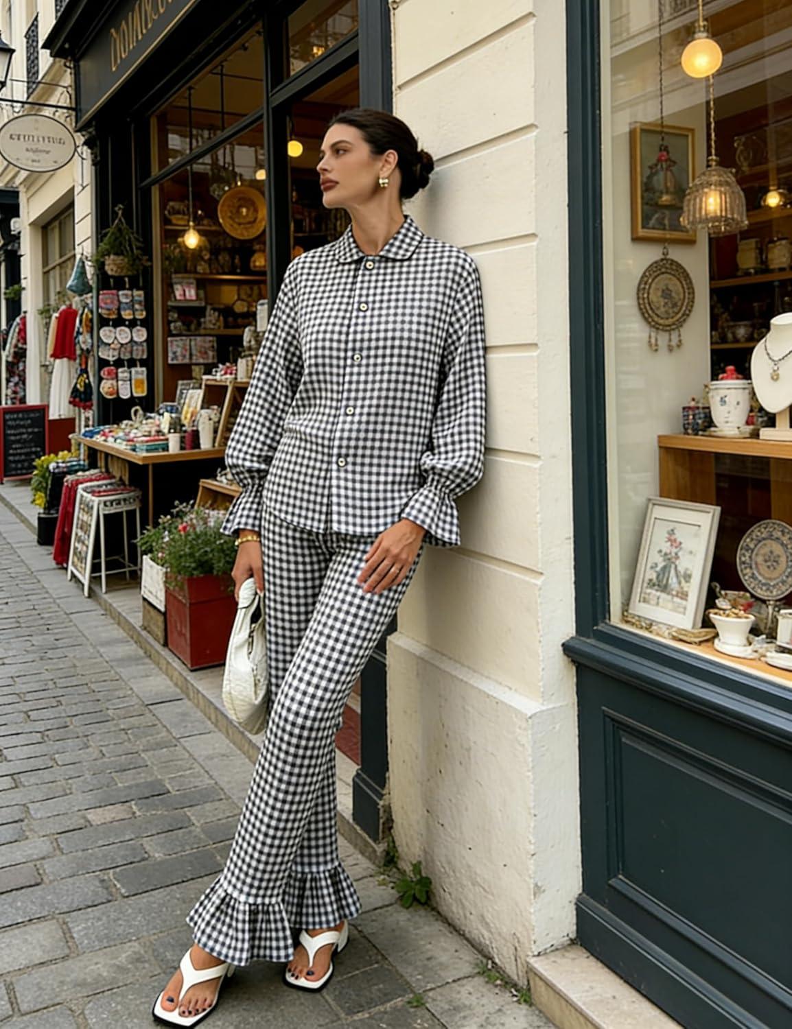 imageTanming Womens 2 Piece Set Outfits Gingham Plaid Long Sleeve Plaid Button Down Shirt Wide Leg Pants Lounge Pj SetBlack