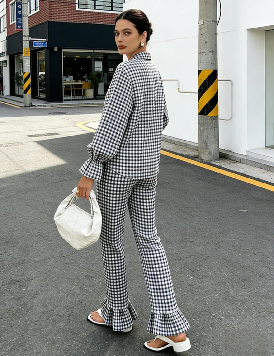 imageTanming Womens 2 Piece Set Outfits Gingham Plaid Long Sleeve Plaid Button Down Shirt Wide Leg Pants Lounge Pj SetBlack
