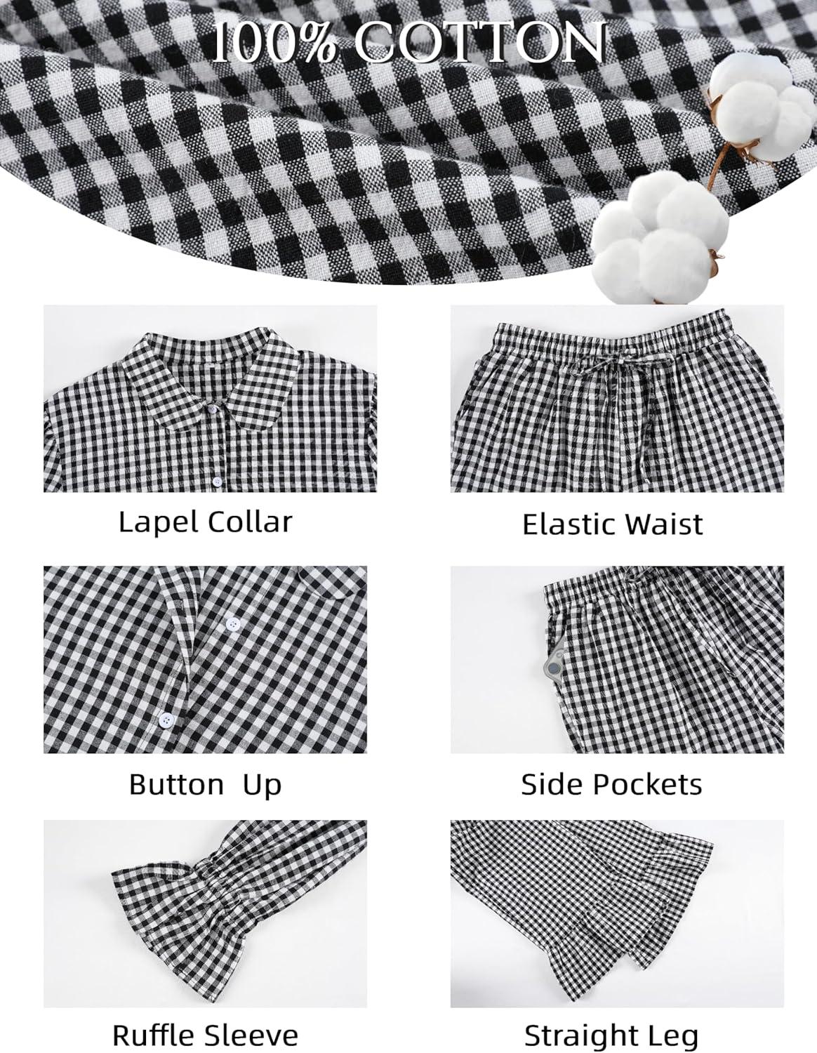 imageTanming Womens 2 Piece Set Outfits Gingham Plaid Long Sleeve Plaid Button Down Shirt Wide Leg Pants Lounge Pj SetBlack