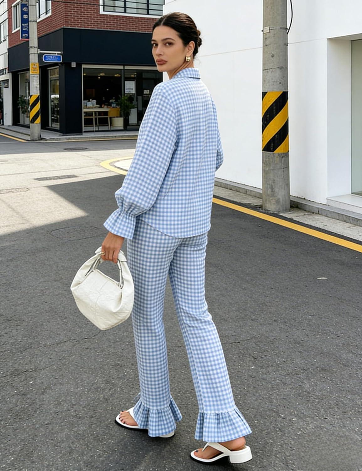 imageTanming Womens 2 Piece Set Outfits Gingham Plaid Long Sleeve Plaid Button Down Shirt Wide Leg Pants Lounge Pj SetBlue
