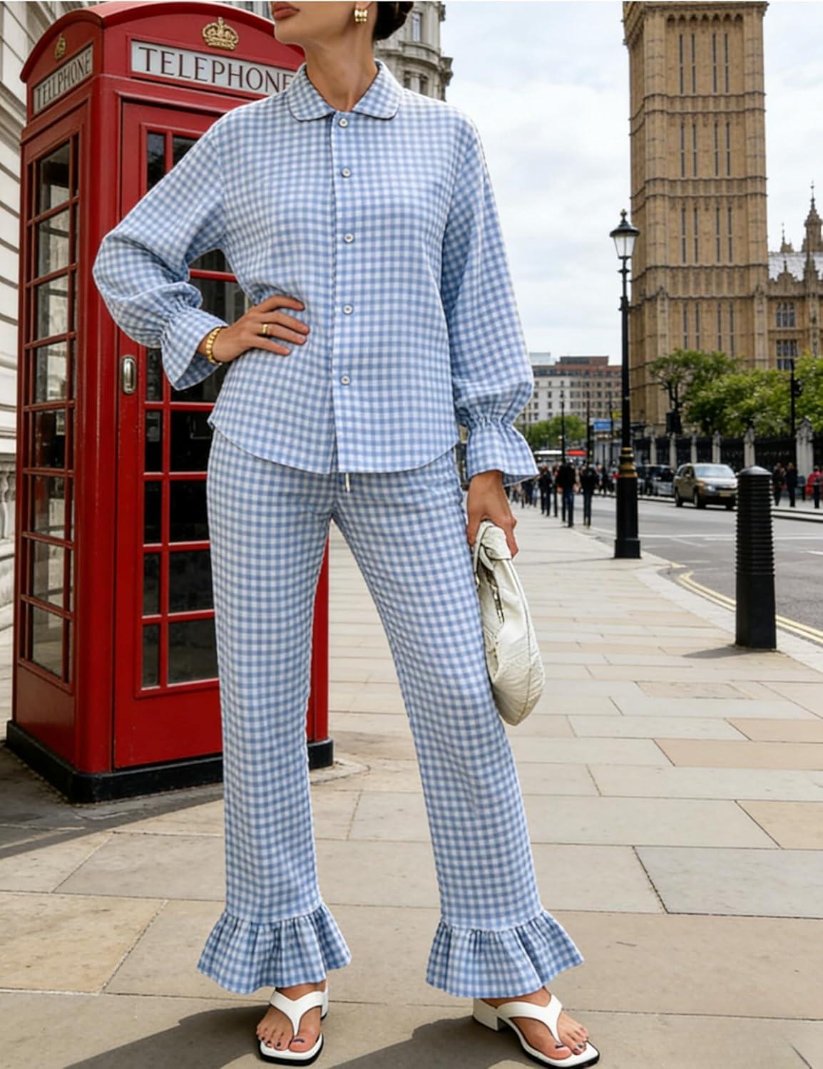 imageTanming Womens 2 Piece Set Outfits Gingham Plaid Long Sleeve Plaid Button Down Shirt Wide Leg Pants Lounge Pj SetBlue