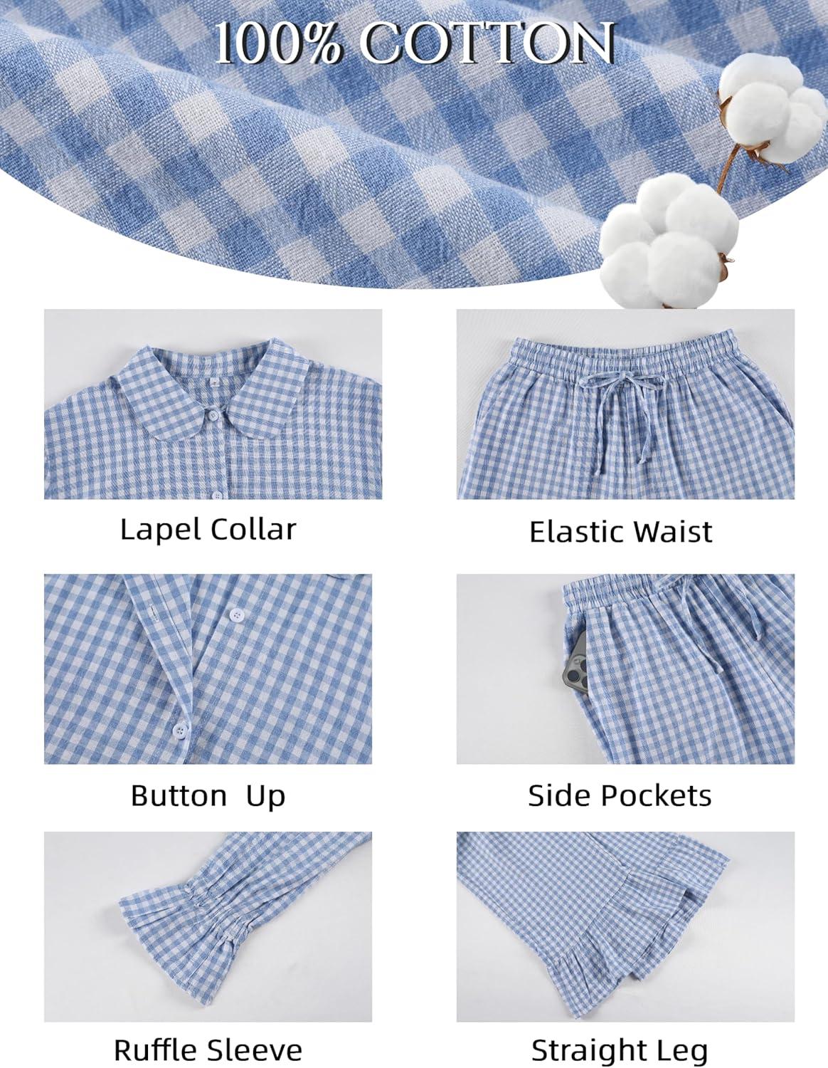 imageTanming Womens 2 Piece Set Outfits Gingham Plaid Long Sleeve Plaid Button Down Shirt Wide Leg Pants Lounge Pj SetBlue