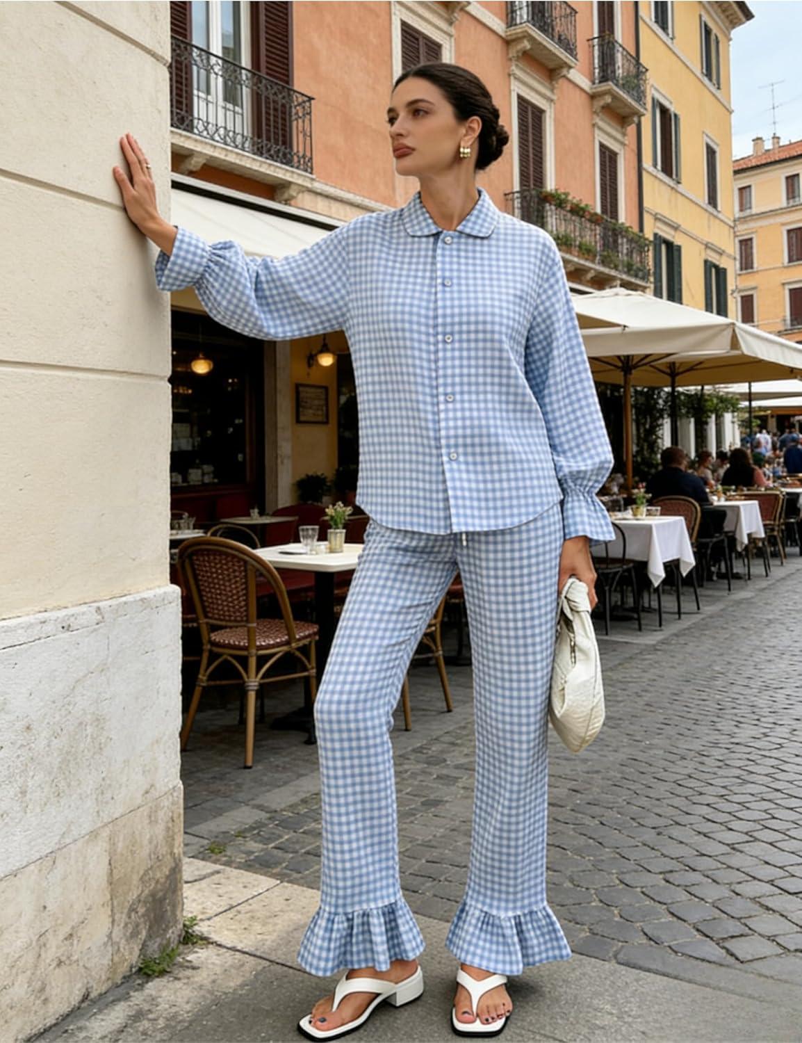 imageTanming Womens 2 Piece Set Outfits Gingham Plaid Long Sleeve Plaid Button Down Shirt Wide Leg Pants Lounge Pj SetBlue