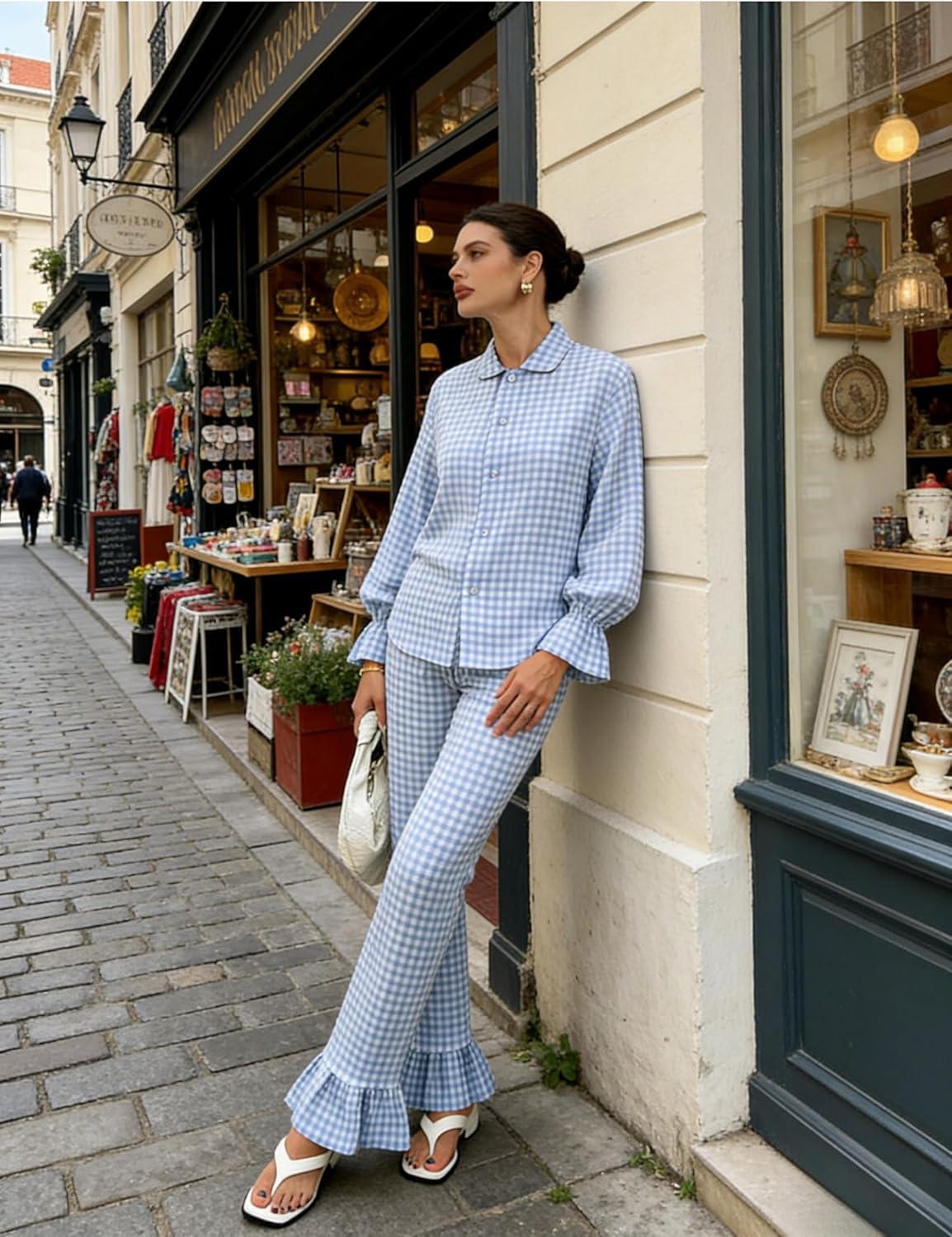 imageTanming Womens 2 Piece Set Outfits Gingham Plaid Long Sleeve Plaid Button Down Shirt Wide Leg Pants Lounge Pj SetBlue