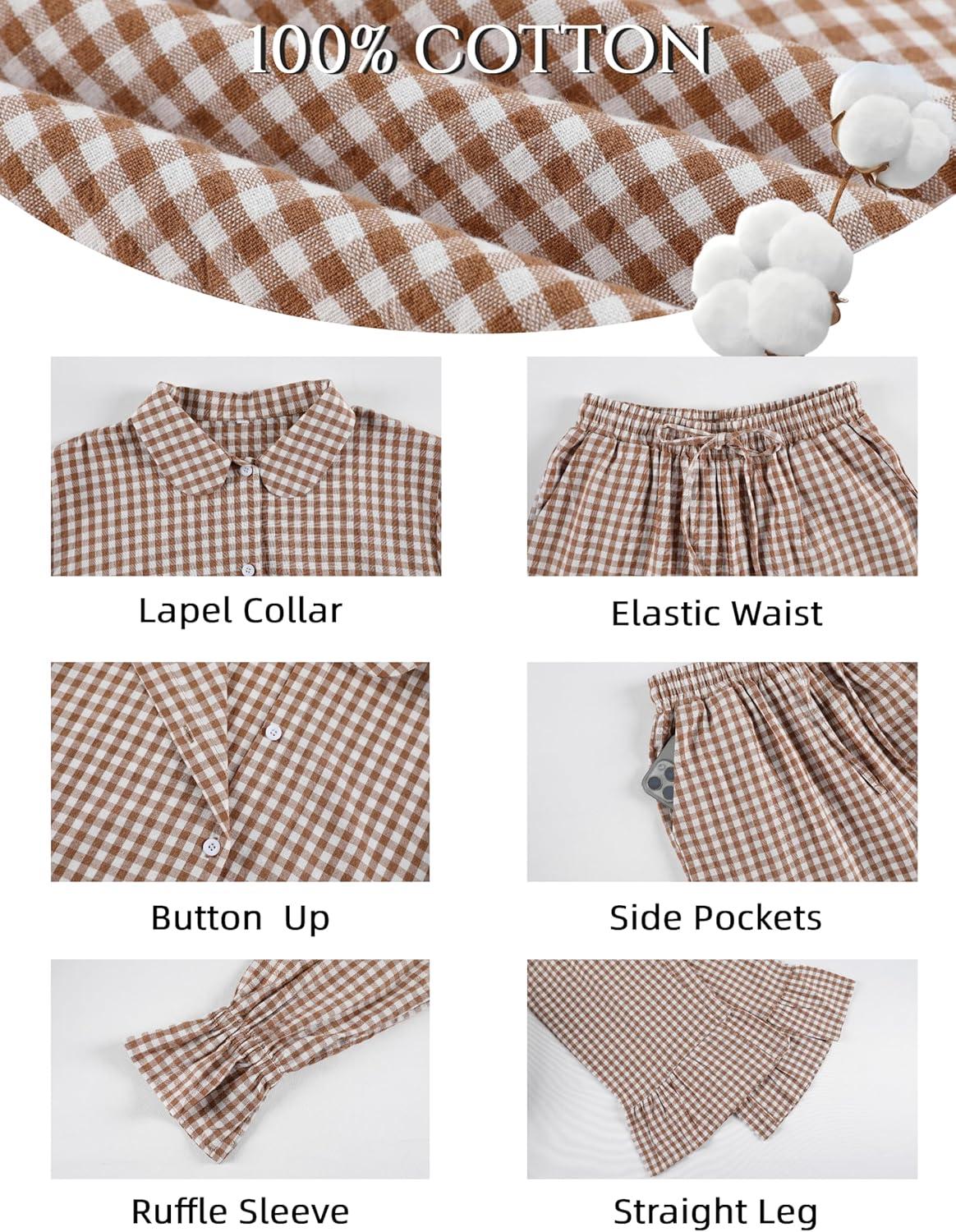 imageTanming Womens 2 Piece Set Outfits Gingham Plaid Long Sleeve Plaid Button Down Shirt Wide Leg Pants Lounge Pj SetBrown