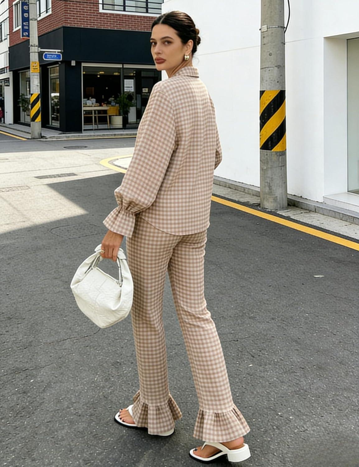 imageTanming Womens 2 Piece Set Outfits Gingham Plaid Long Sleeve Plaid Button Down Shirt Wide Leg Pants Lounge Pj SetBrown