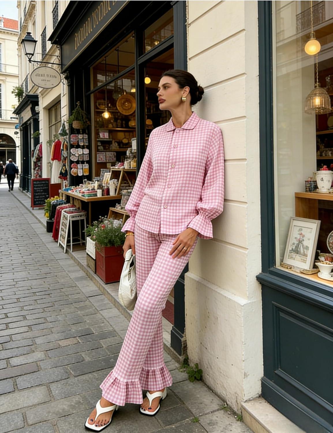 imageTanming Womens 2 Piece Set Outfits Gingham Plaid Long Sleeve Plaid Button Down Shirt Wide Leg Pants Lounge Pj SetPink