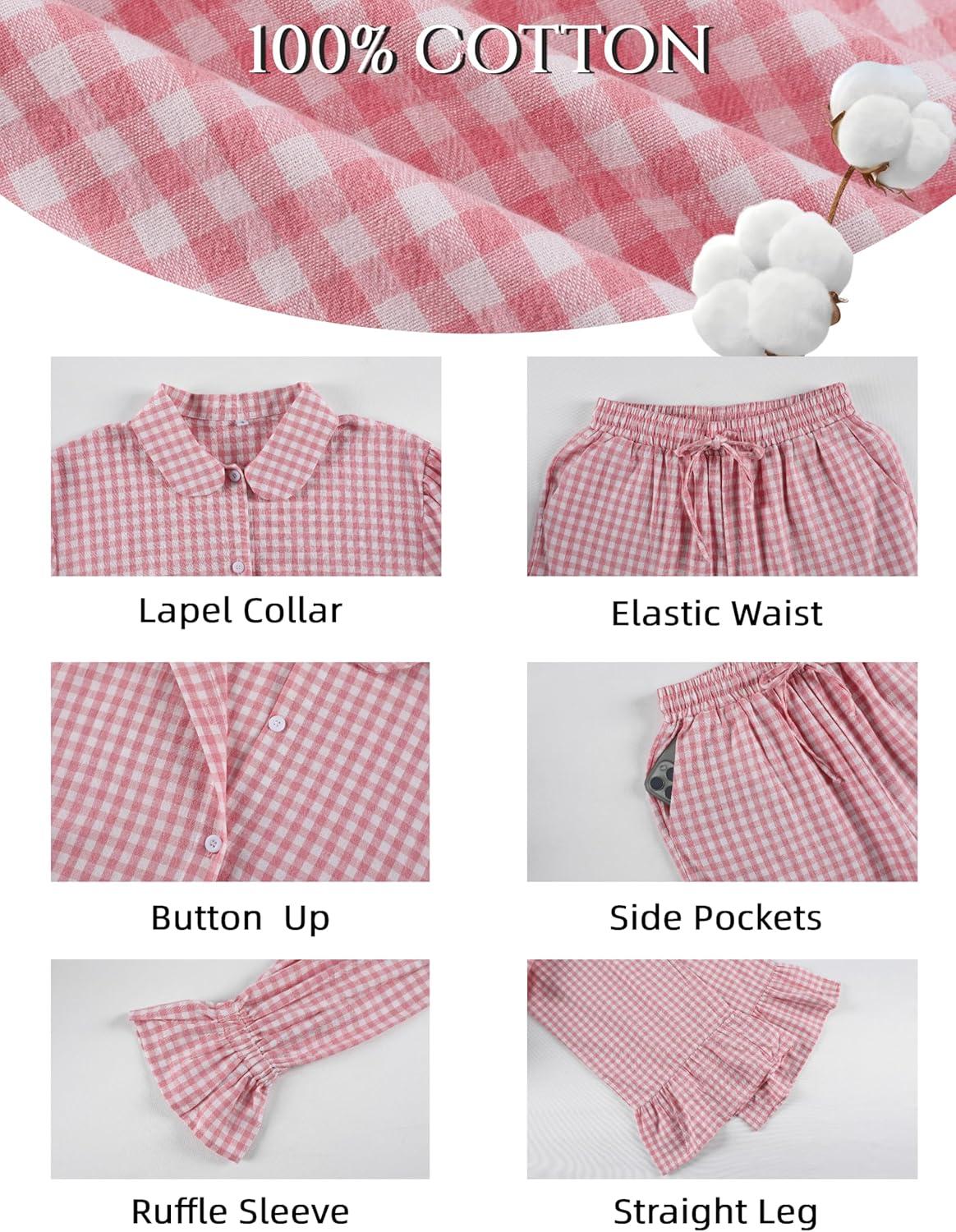 imageTanming Womens 2 Piece Set Outfits Gingham Plaid Long Sleeve Plaid Button Down Shirt Wide Leg Pants Lounge Pj SetPink