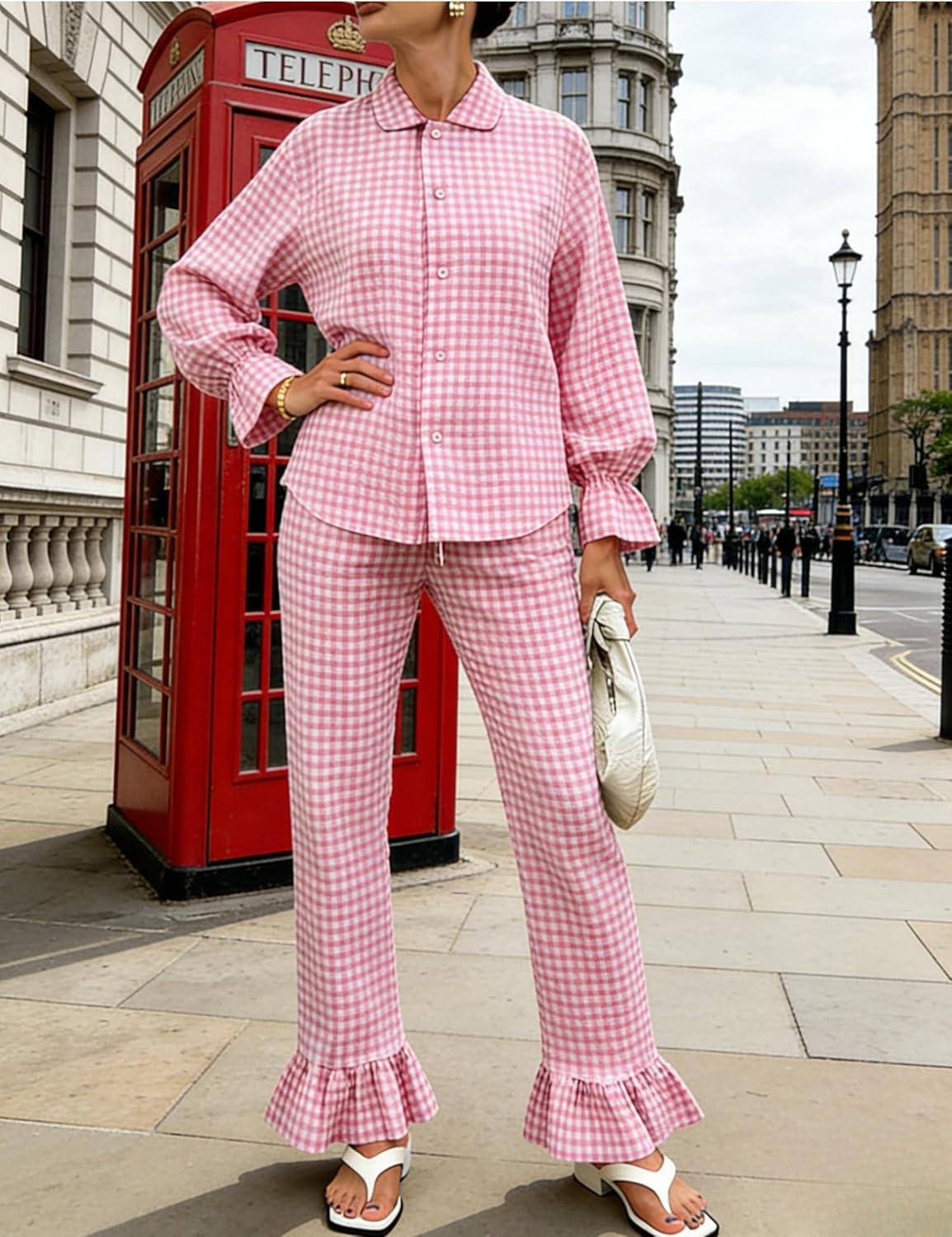 imageTanming Womens 2 Piece Set Outfits Gingham Plaid Long Sleeve Plaid Button Down Shirt Wide Leg Pants Lounge Pj SetPink