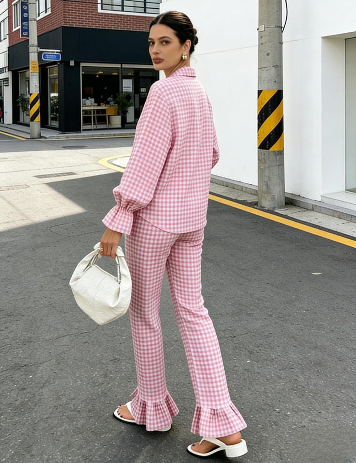 imageTanming Womens 2 Piece Set Outfits Gingham Plaid Long Sleeve Plaid Button Down Shirt Wide Leg Pants Lounge Pj SetPink