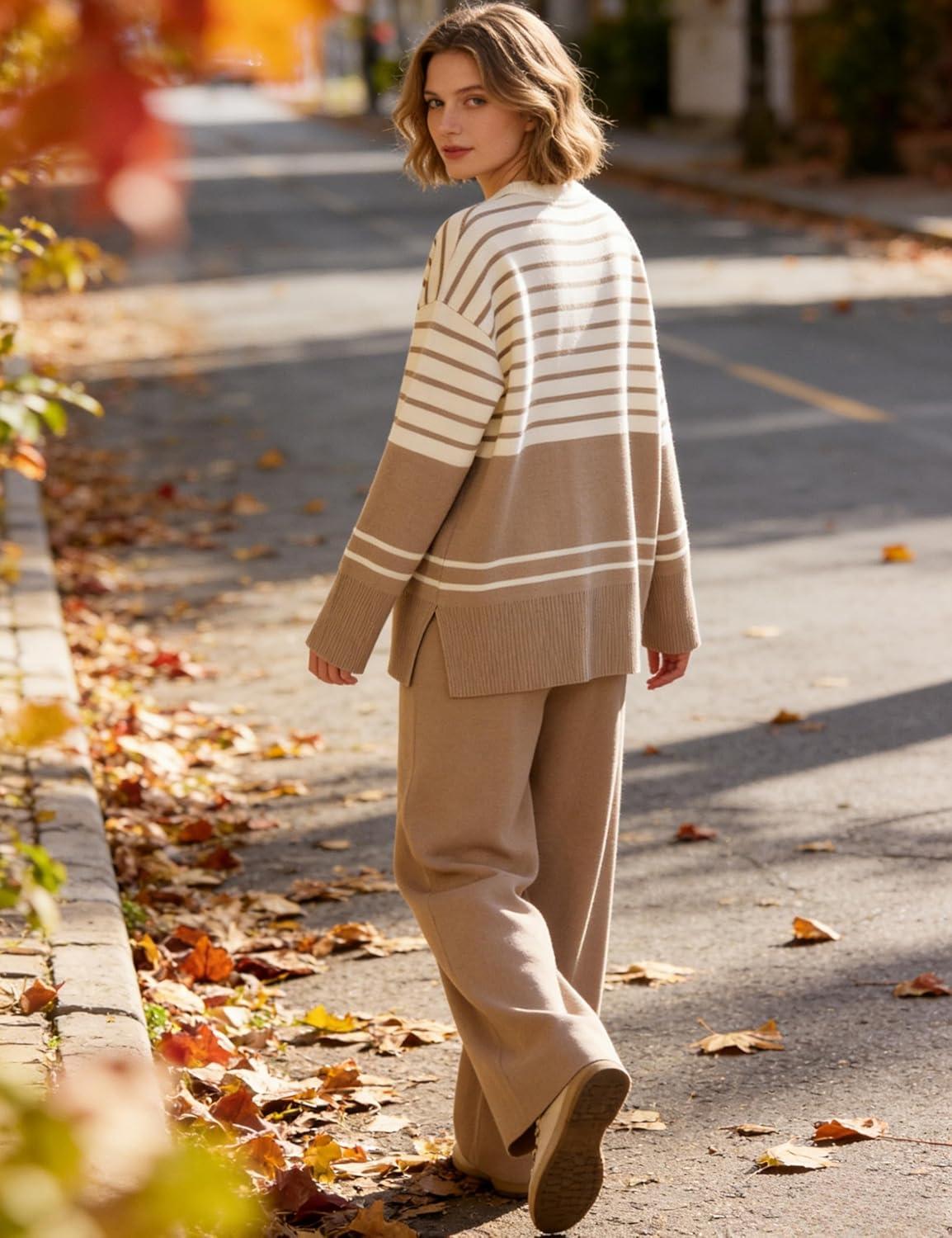 imageTanming Womens Lounge Set 2 Piece Outfit Striped Knit Pullover Sweater Top Wide Leg Pants TracksuitKhaki