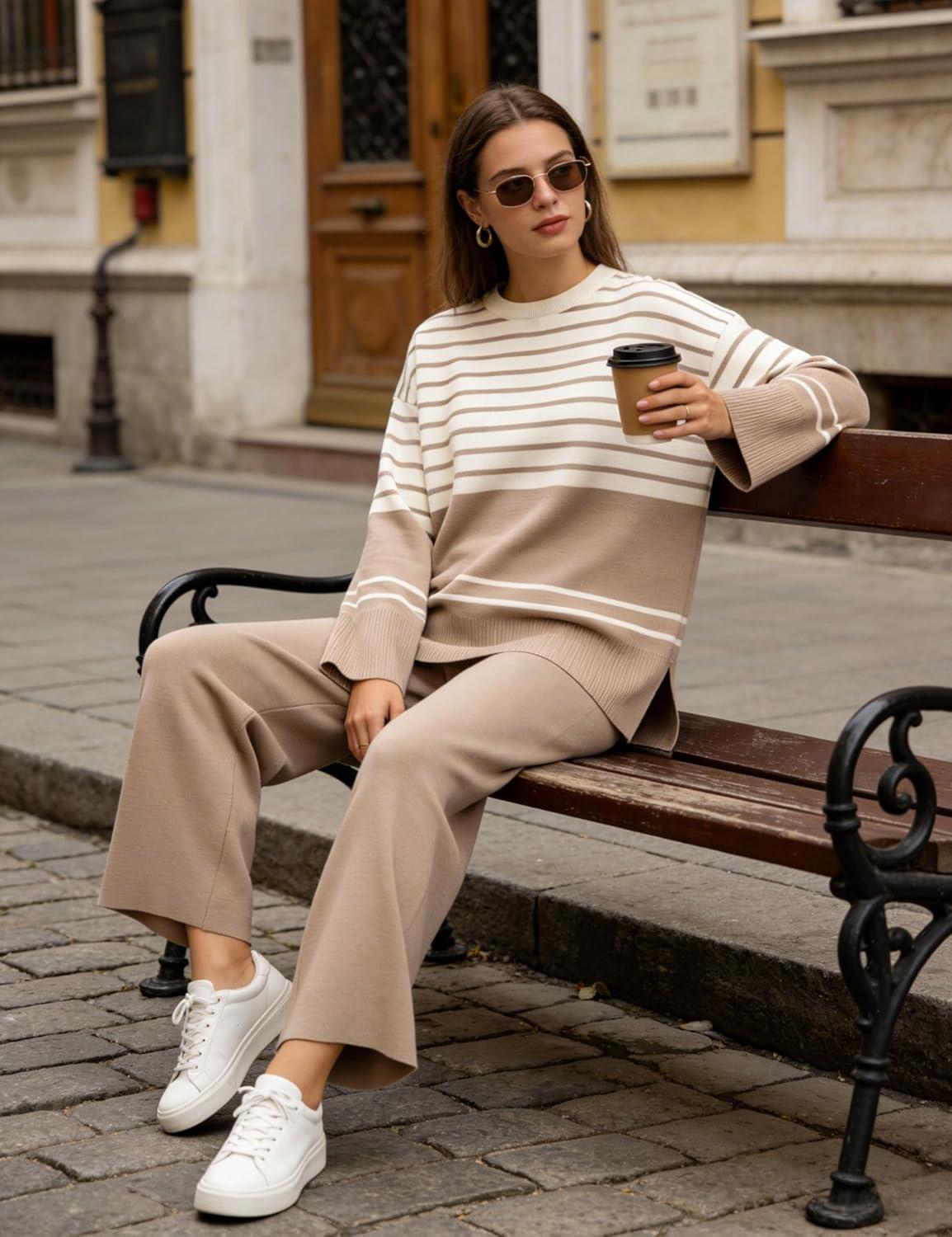 imageTanming Womens Lounge Set 2 Piece Outfit Striped Knit Pullover Sweater Top Wide Leg Pants TracksuitKhaki