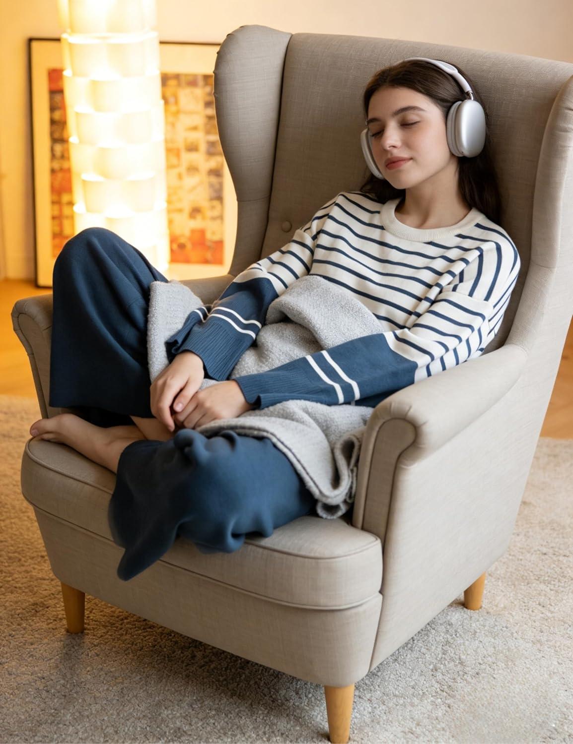 imageTanming Womens Lounge Set 2 Piece Outfit Striped Knit Pullover Sweater Top Wide Leg Pants TracksuitNavy