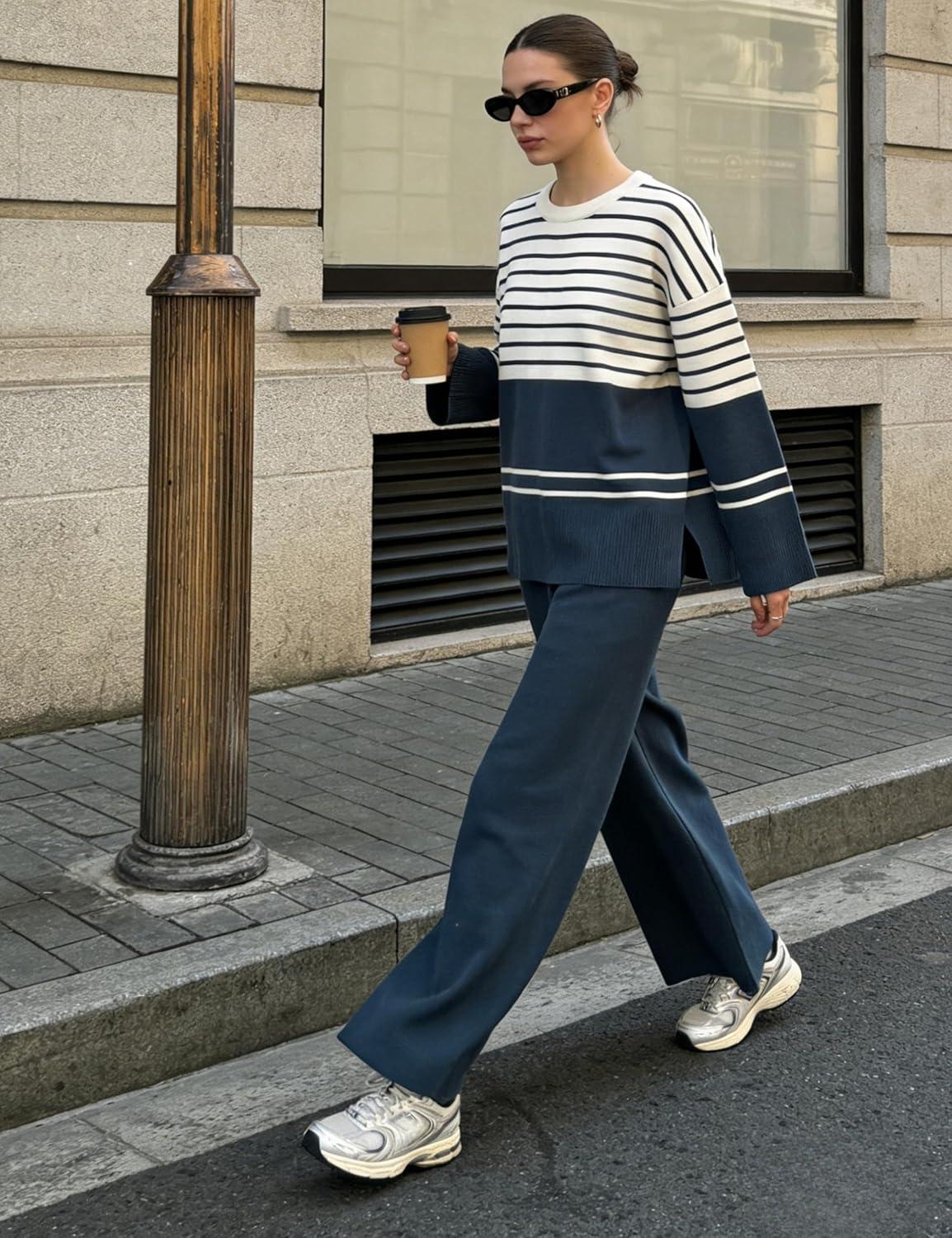imageTanming Womens Lounge Set 2 Piece Outfit Striped Knit Pullover Sweater Top Wide Leg Pants TracksuitNavy